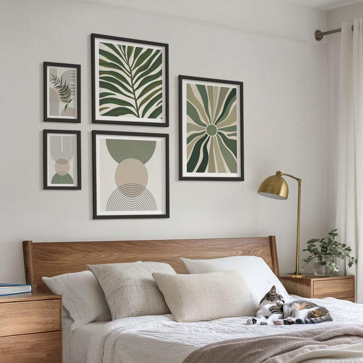 BILDER SET 5er Set - 50x50 cm & 20x30 cm & 40x60 cm Schwarzer Rahmen - Abstrakte Blätter im Boho-Stil - Schwarz, Kunststoff (40/60cm) - TULUP