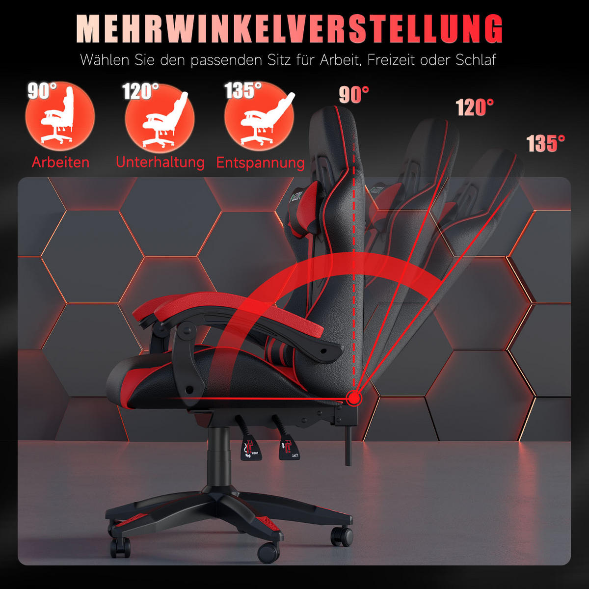 GAMINGSTUHL Schwarz-Rot ergonomisch - Rot, Leder (29/59/79cm) - Rattrix