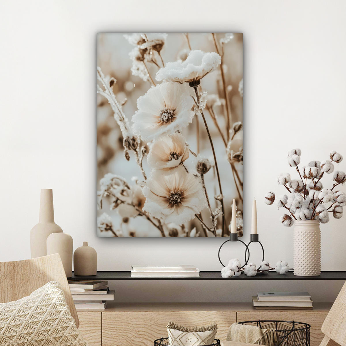 LEINWANDBILD Blumen - Winter - Weiß - Schnee - Beige Wandbild Wohnzimmer 60x80 cm - Creme, Textil (60/80cm) - MuchoWow