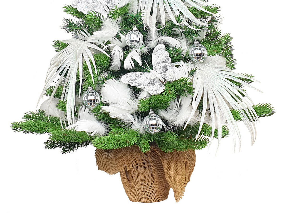 WEIHNACHTSBAUM künstlicher 60 cm mit LED-Beleuchtung, SCHMETTERLINGSGLANZ, mit 25 Weihnachtsbaumschmuck, Pflanztopf mit Jutesack - Silberfarben/Weiß, Kunststoff/Stein (40/60cm) - LAALU