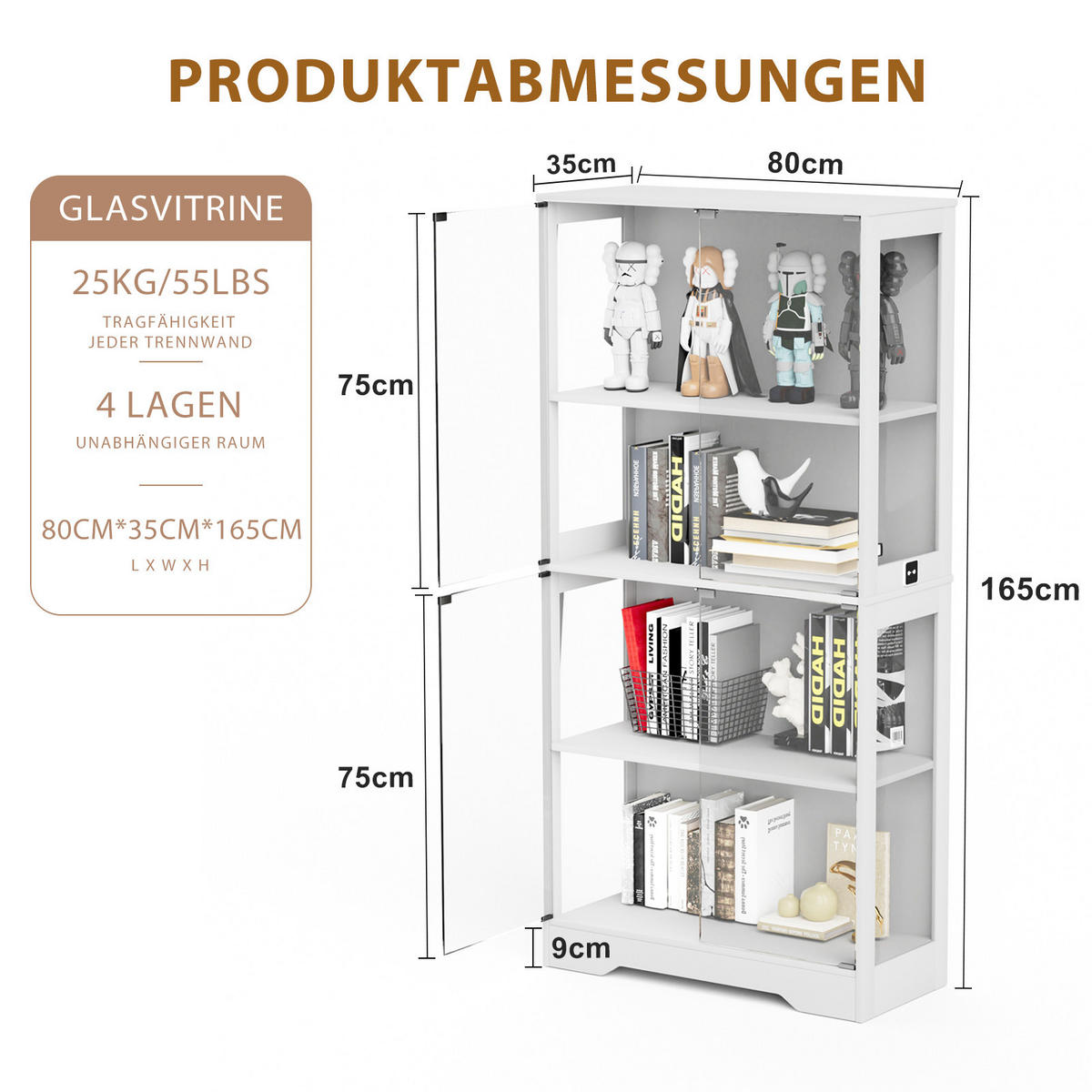 VITRINE 4-stöckig mit LED-Beleuchtung - Staubdicht - Weiß - Weiß, Glas/Holzwerkstoff (35/165/80cm) - KOMHTOM