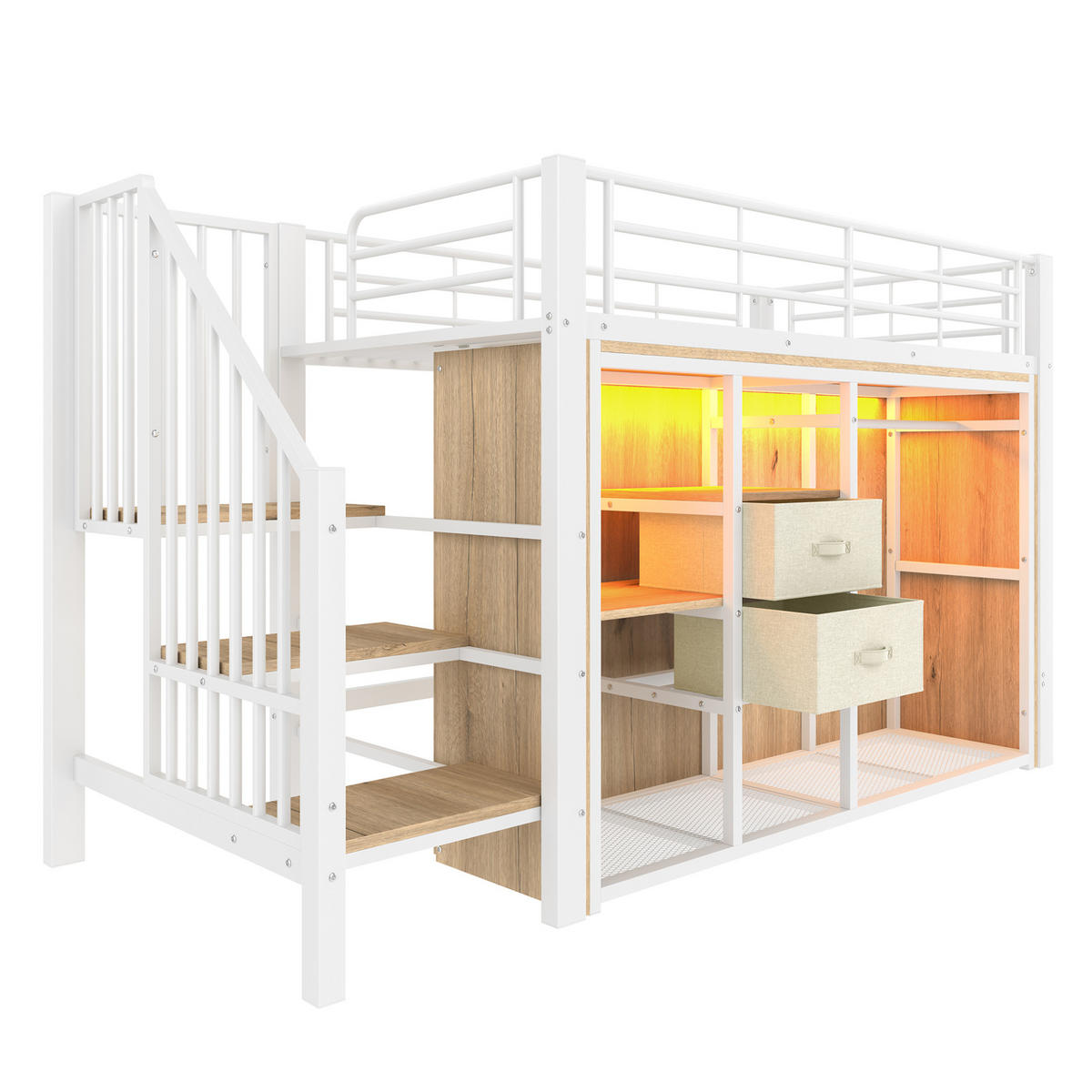 HALBHOHES BETT 90/200 cm Weiß mit 2 Schubladen und LED-Beleuchtung - Weiß, Metall (90/200cm) - MIVRAY