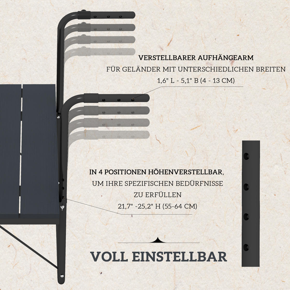 BALKONHÄNGETISCH, Schwarz, Alu - Schwarz, Metall (60/40/64cm) - Outsunny