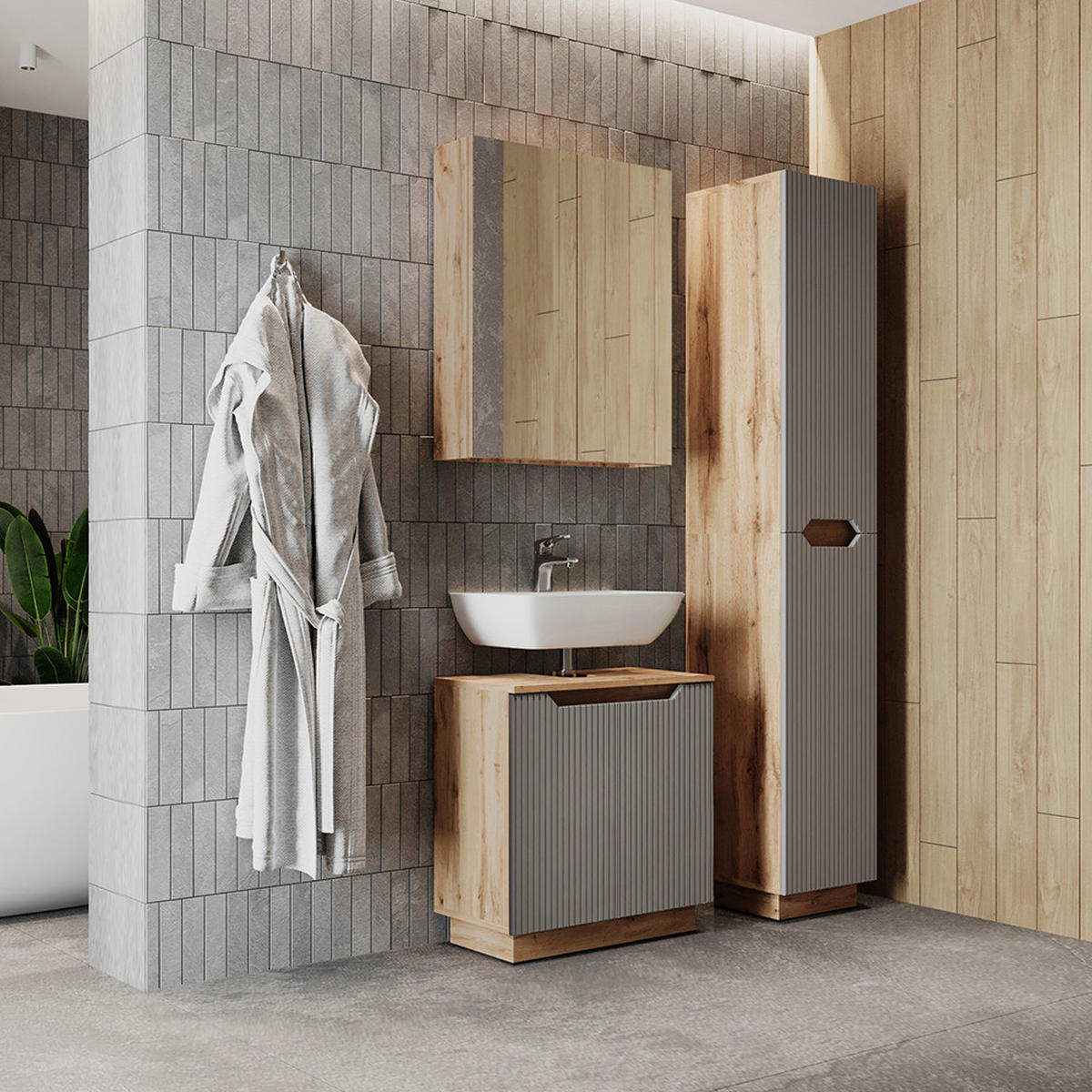 BADMÖBEL-SET Lotta Eiche/grau gestreift 3 Teile - Eichefarben/Grau, Holzwerkstoff (59.8/62.1/32cm) - Vicco