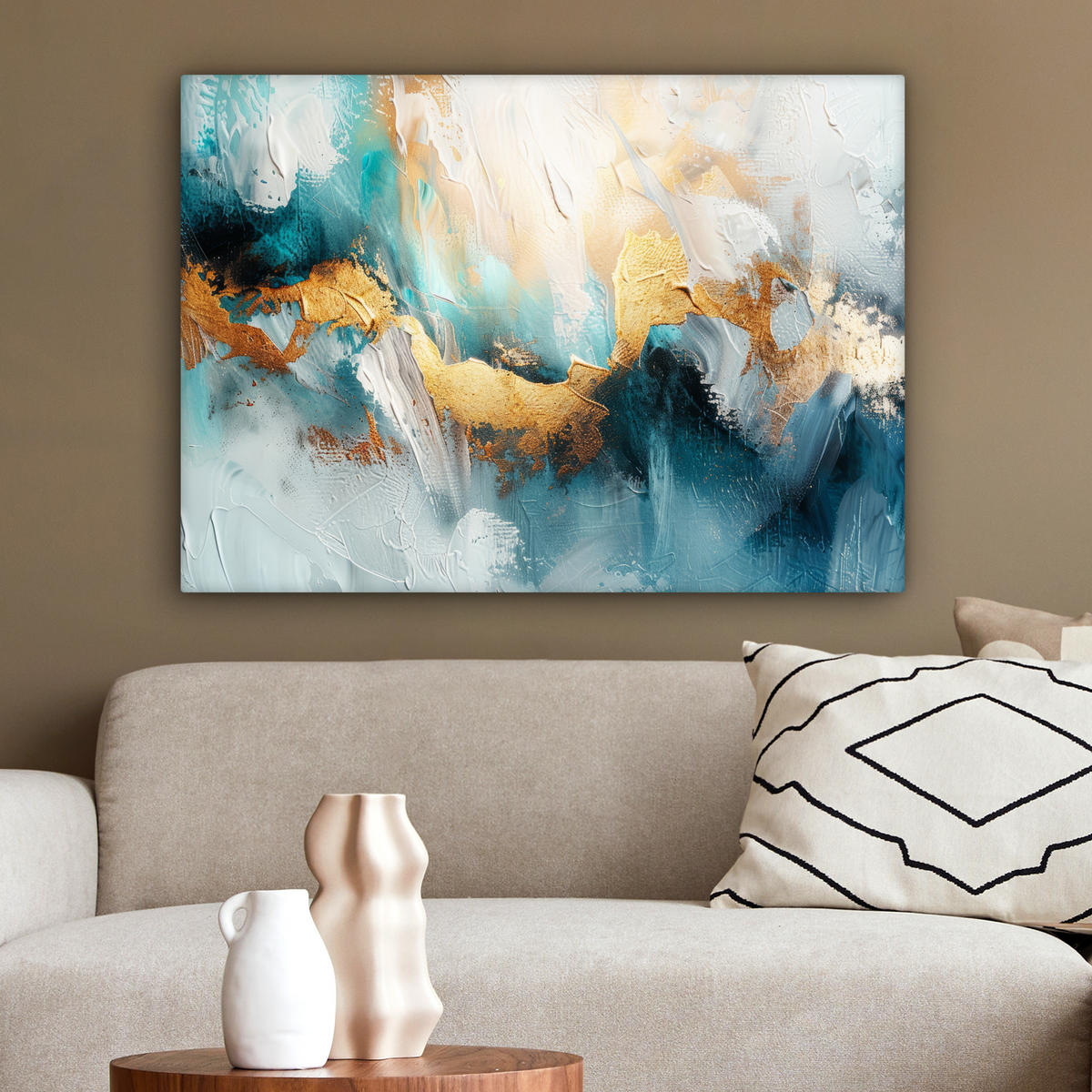 LEINWANDBILD Abstrakt - Kunst - Gold - Blau Wandbilder 80x60 cm - Petrol, Textil (80/60cm) - MuchoWow