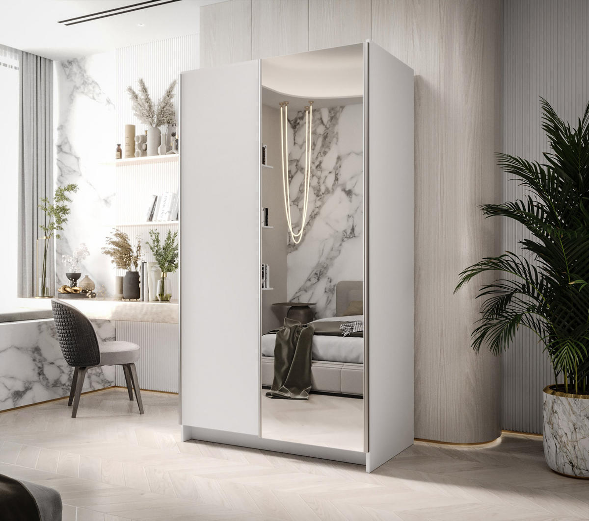 SCHIEBETÜRENSCHRANK MORE 100, 2-türig Kleiderschrank mit 1 Spiegel, Moderne Garderobe, Schrank in Größe: 100 x 216 x 64 cm - Weiß, Holzwerkstoff (100/216/64cm) - O-Sofa