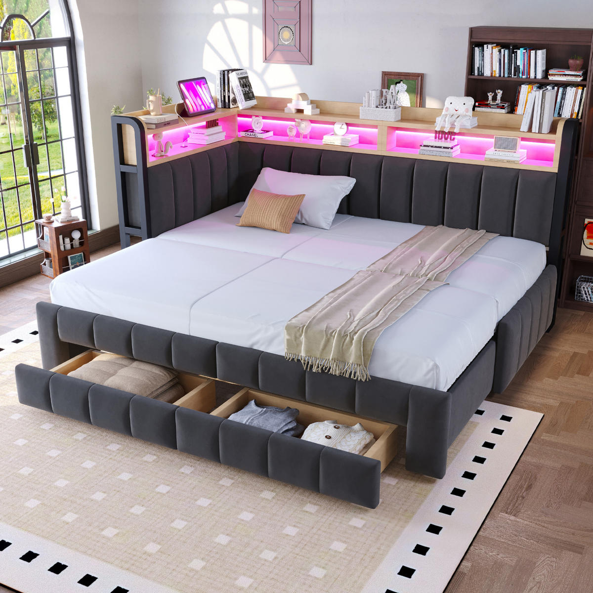 AUSZIEHBETT 90/180/200 cm DE-32703 mit Stauraum und LED Dunkelgrau - Dunkelgrau, Metall (90/200cm) - ComfortXL