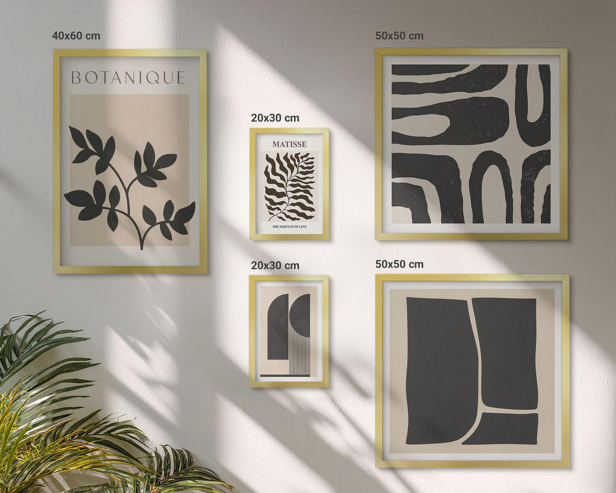 BILDER SET 5er Set - 50x50 cm & 20x30 cm & 40x60 cm Goldrahmen - Minimalistische Pflanzenposter - Goldfarben, Kunststoff (40/60cm) - TULUP