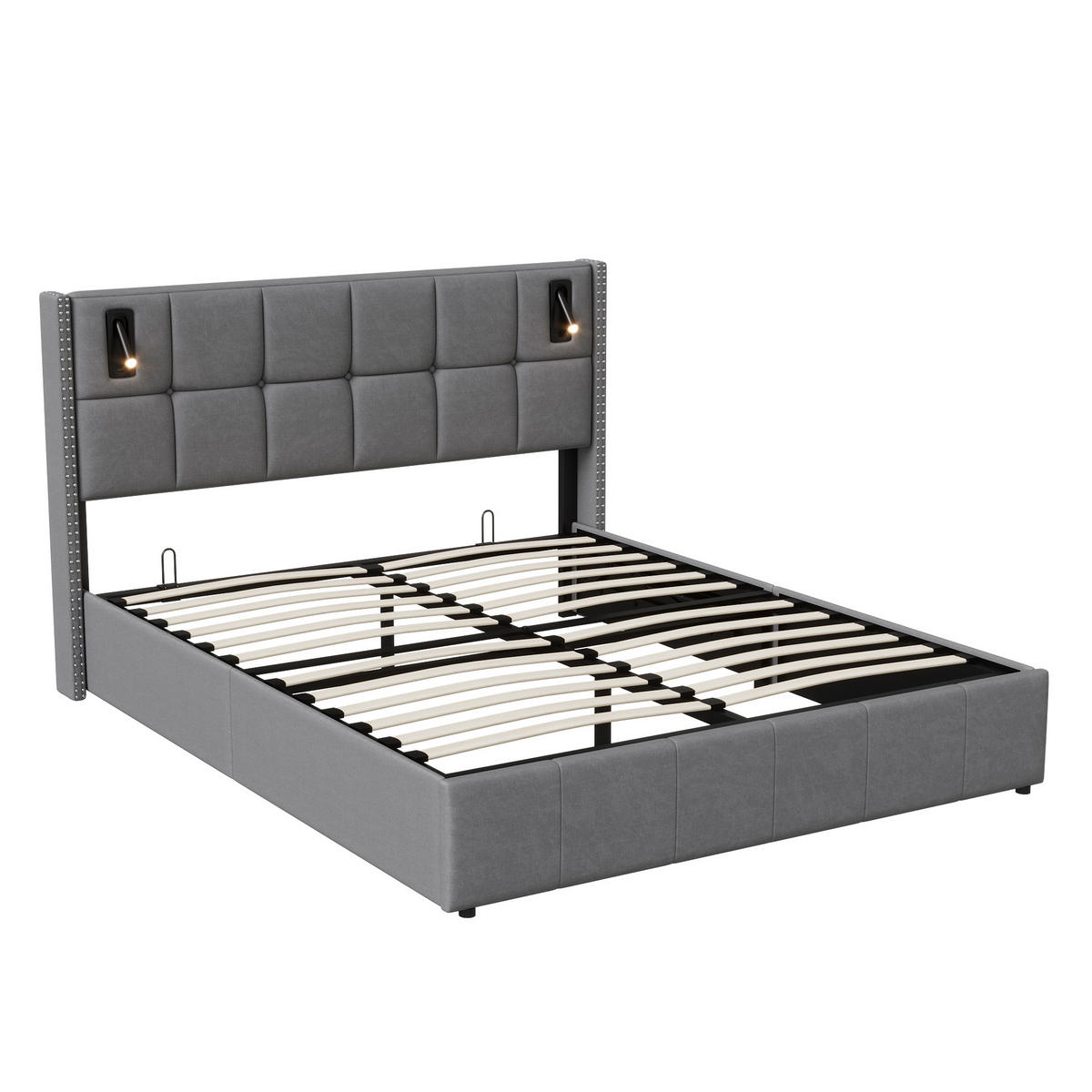 POLSTERBETT 160x200 cm Grau mit Stauraum und Schubladen, Doppelbett mit Lattenrost, modernes Bett - Naturfarben/Grau, Holz/Metall (160/200cm) - PARAFTA HOME