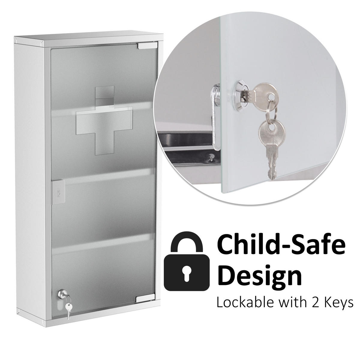MEDIZINSCHRANK DE-37986 30/12/60 cm mit Schloss und Sicherheitsglas Silber - Silberfarben, Metall (30/60/12cm) - ComfortXL