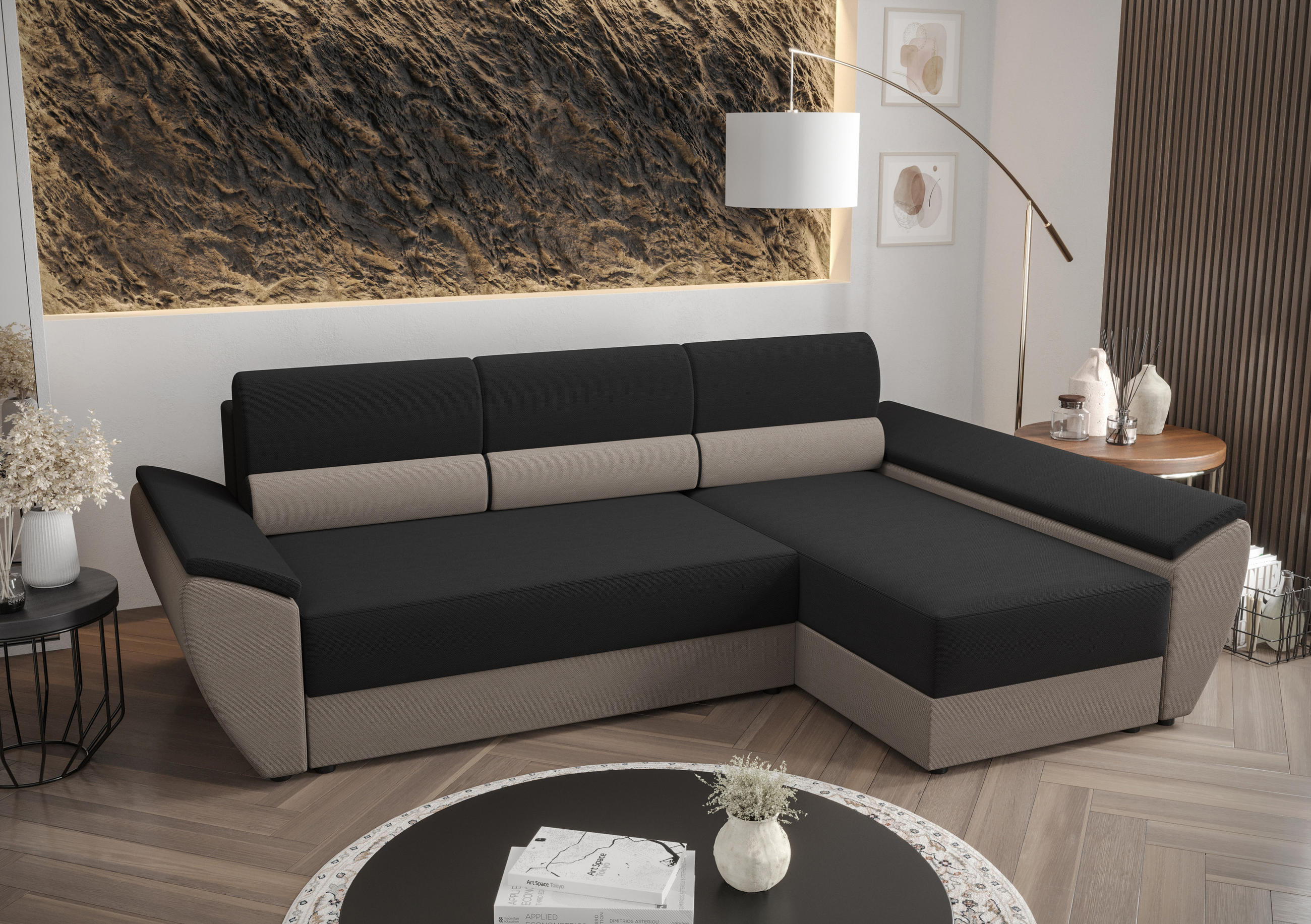 ECKSOFA L REBI L3 Rainbow 15/83 Rechts mit Schlaffunktion - Beige/Schwarz, Textil (251/140cm)