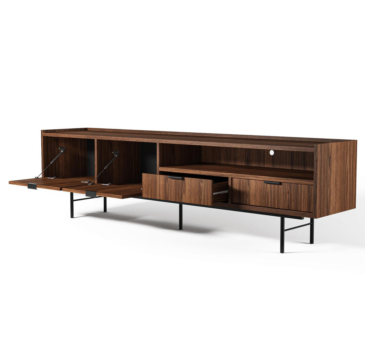 LOWBOARD Nordiva 2T 2S Warmia Walnut 200/55/40 cm – Metallgestell - Walnussfarben/Schwarz, Holzwerkstoff/Metall (200/55/40cm) - AX Living