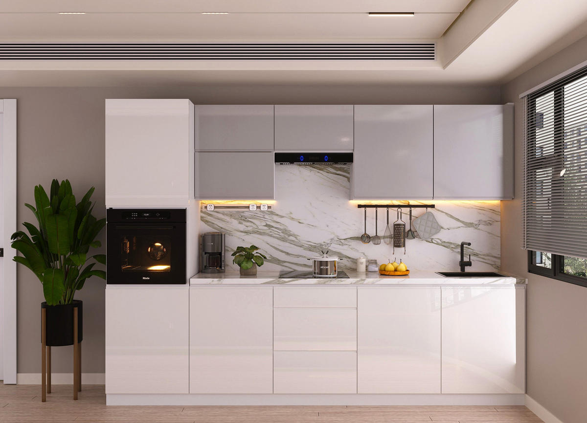 KÜCHENZEILE 300 cm Glanzia – KU-S02 – Weiß / Grau – Hochglanz - Weiß Hochglanz, Holzwerkstoff (300/212/58cm)