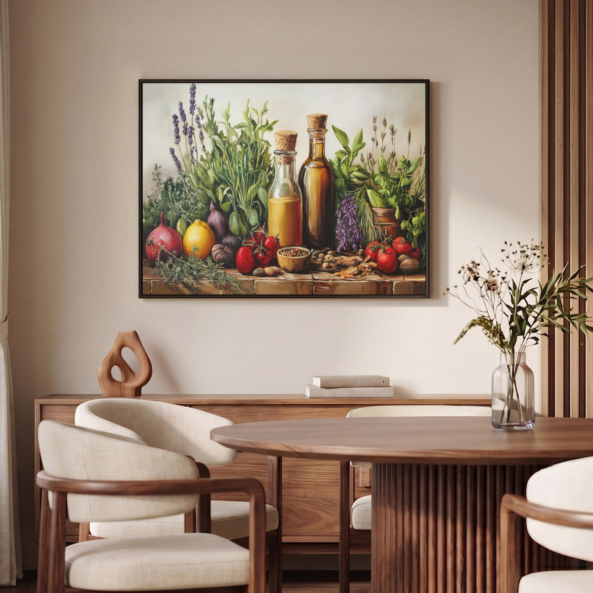 LEINWAND Bilder mit Rahmen - Stilleben - Kräuter - Gewürze - Früchte - Farbenfroh - 100x70 - Grün, Textil (100/70cm) - MuchoWow