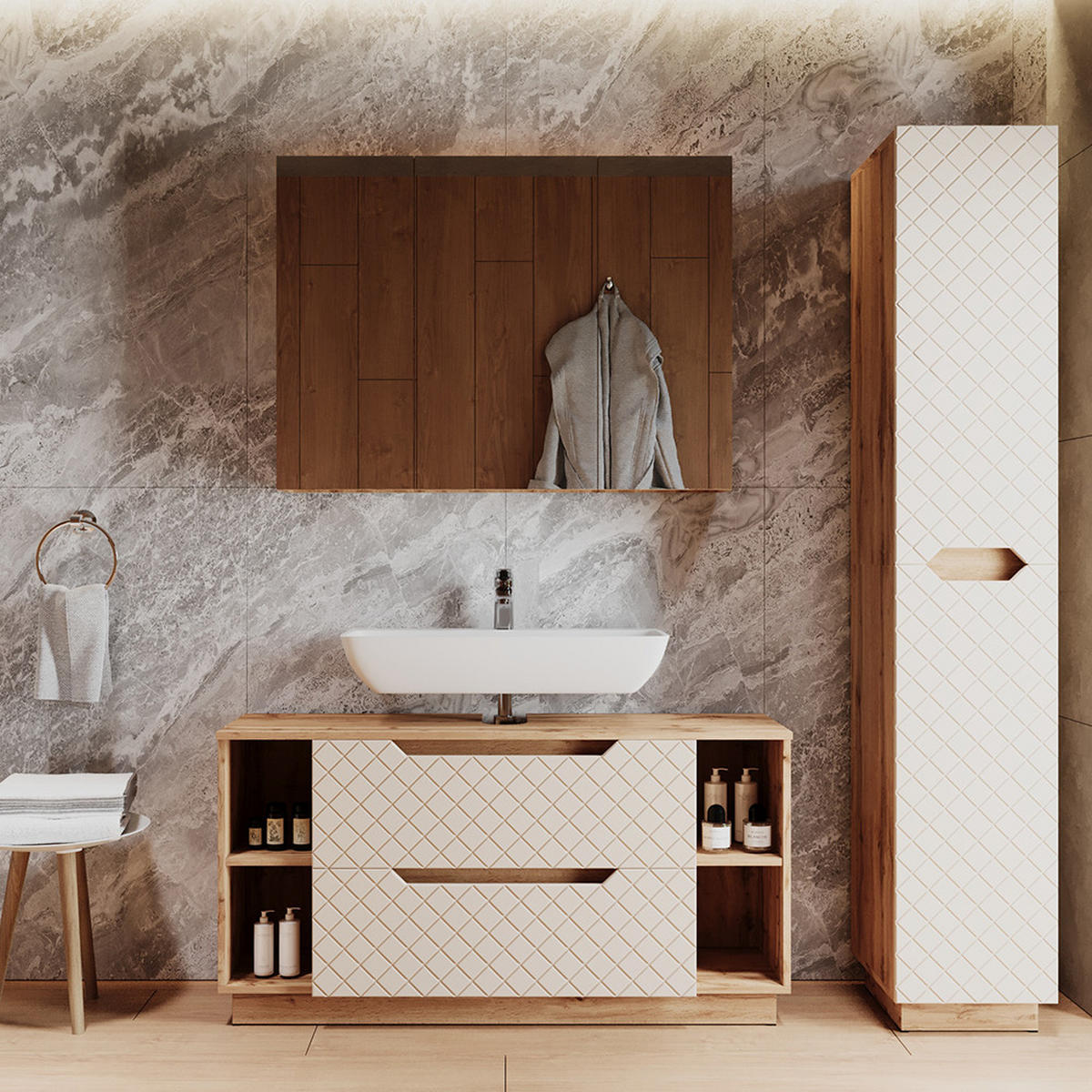BADMÖBEL-SET Lotta Eiche/Kaschmir mit Kachelstruktur 3 Teile - Kaschmir/Eichefarben, Holzwerkstoff (119.2/62.5/35cm) - Vicco