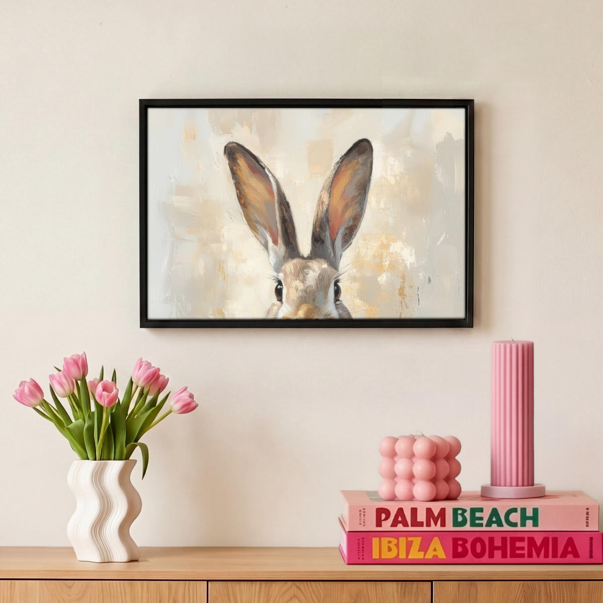 LEINWAND Bilder mit Rahmen - Hase - Ohren - Braun - 30x20 - Beige, Textil (30/20cm) - MuchoWow