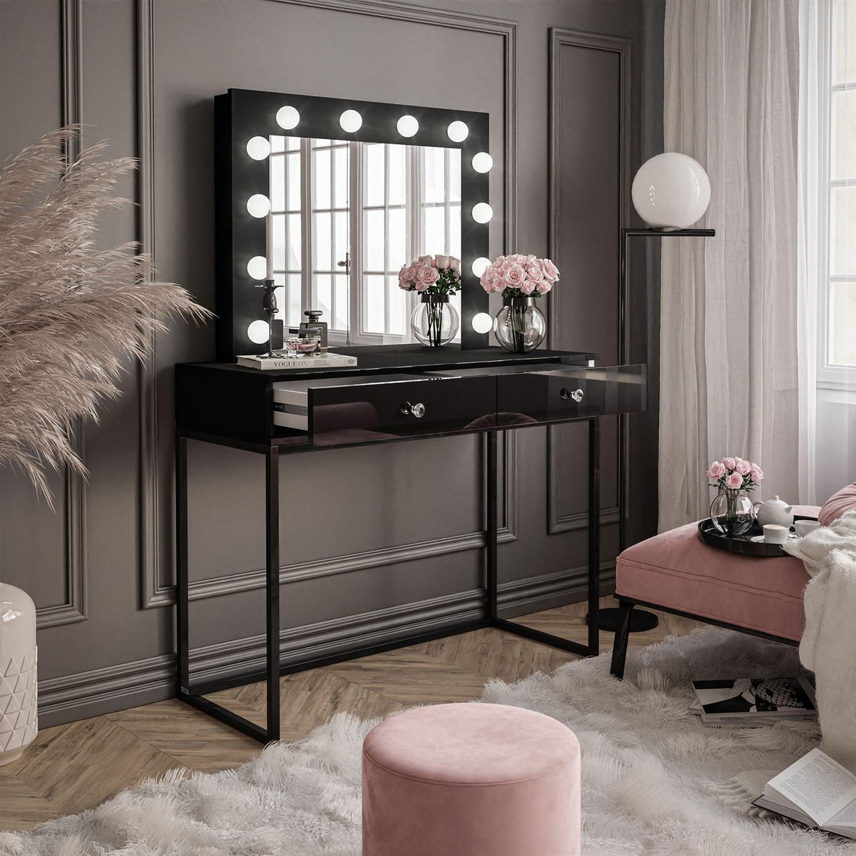 SCHMINKTISCH BLANCO LOFT mit Spiegel und Beleuchtung Schwarz Hochglanz Kristallgriff - Schwarz Hochglanz/Schwarz, Holzwerkstoff (100/146/42cm) - Lookway