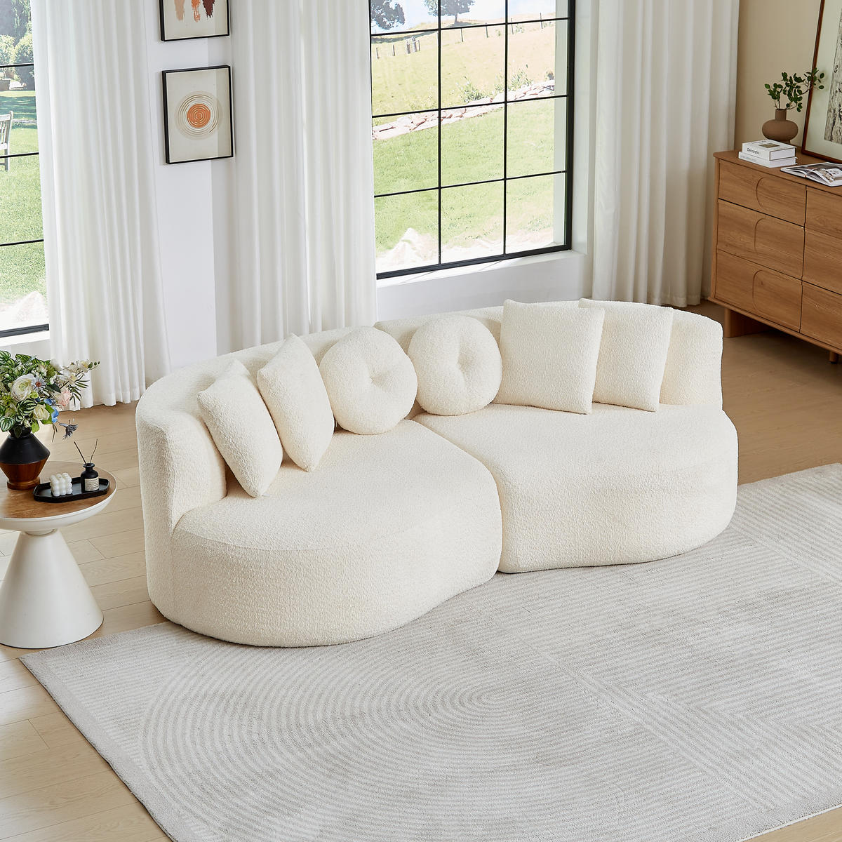 MODULSOFA 2-teilig geschwungen Cashew-Form mit 6 Kissen, DE-42899, Beige - Beige, Textil (223/79/109cm) - ComfortXL
