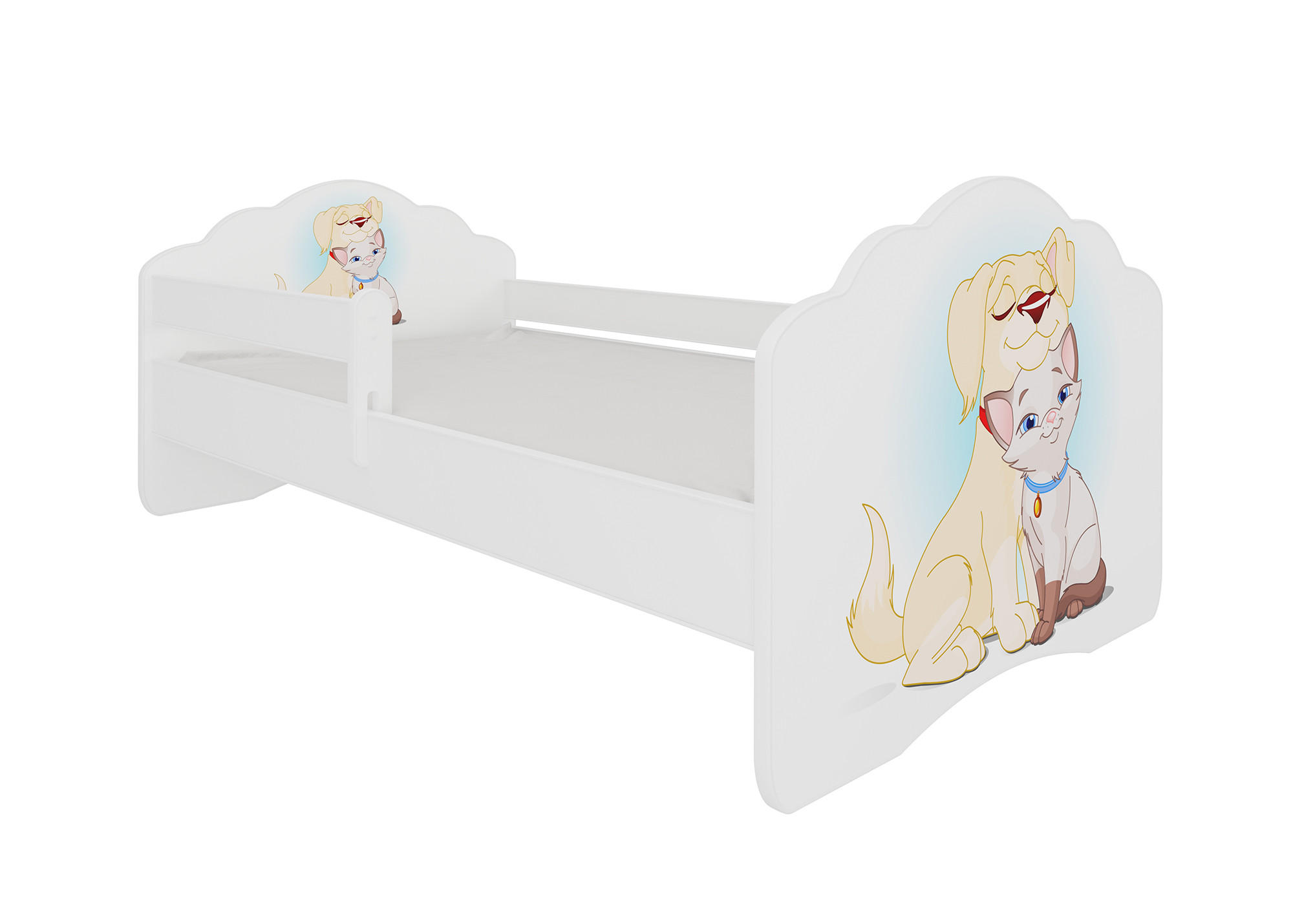 KINDERBETT Casimo weiß / Motiv Hund und Katze 88 / 164 / 63cm - Gelb/Weiß, Holz/Holzwerkstoff (80/160cm) - Feldmann-Wohnen