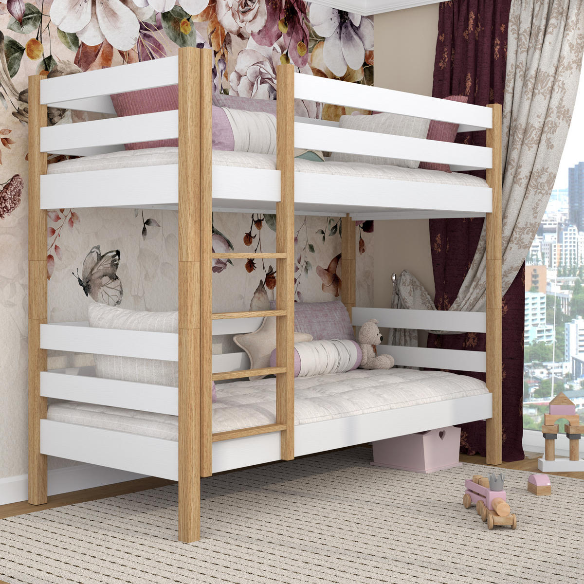 ETAGENBETT N01 Weiß / Eiche Natur 100/200 - Eiche Artisan/Weiß, Naturmaterialien/Holz (100/200cm) - N-Wood