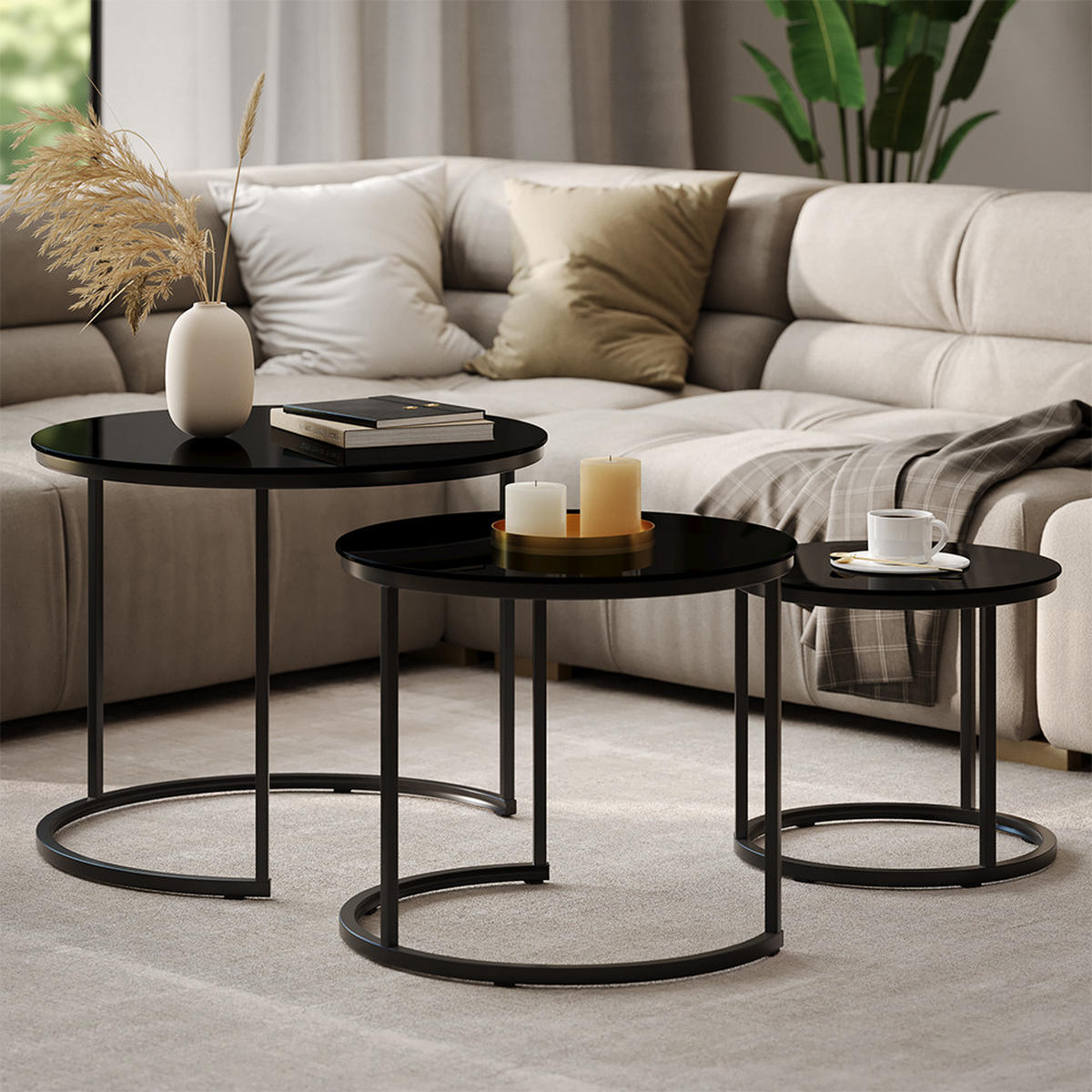 COUCHTISCH-SET Montreal Glas 55 x 55 cm 3 Teile - Klar/Schwarz, Glas (55/55/44.5cm) - Vicco