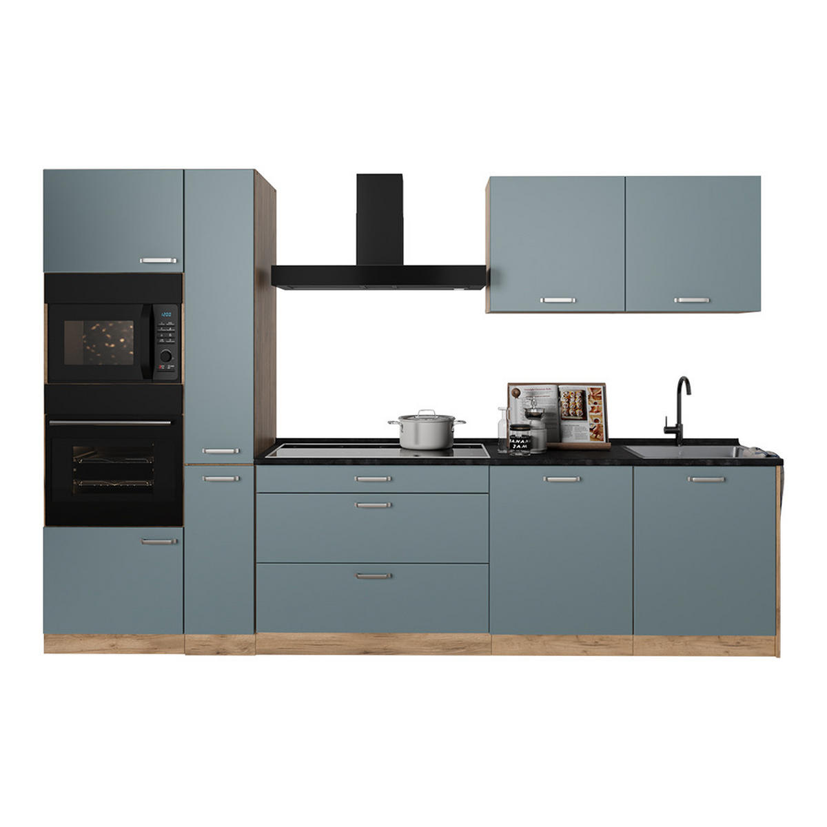 KÜCHENZEILE R-Line, Blau-Grau/Goldkraft Eiche, 310 cm Arbeitsplatte Anthrazit - Honigeiche/Blaugrau, Holzwerkstoff (310/206.8/60cm) - Vicco