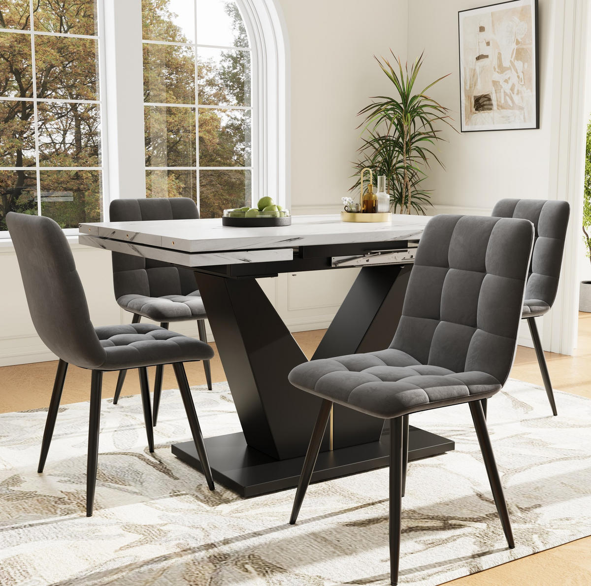 ESSTISCH aus MDF und Metall 99-159x75x75 cm Weiß/Schwarz ausziehbar mit Marmordekor und V-förmigen Beinen - Weiß, Holzwerkstoff (99/75/75cm) - Modfu