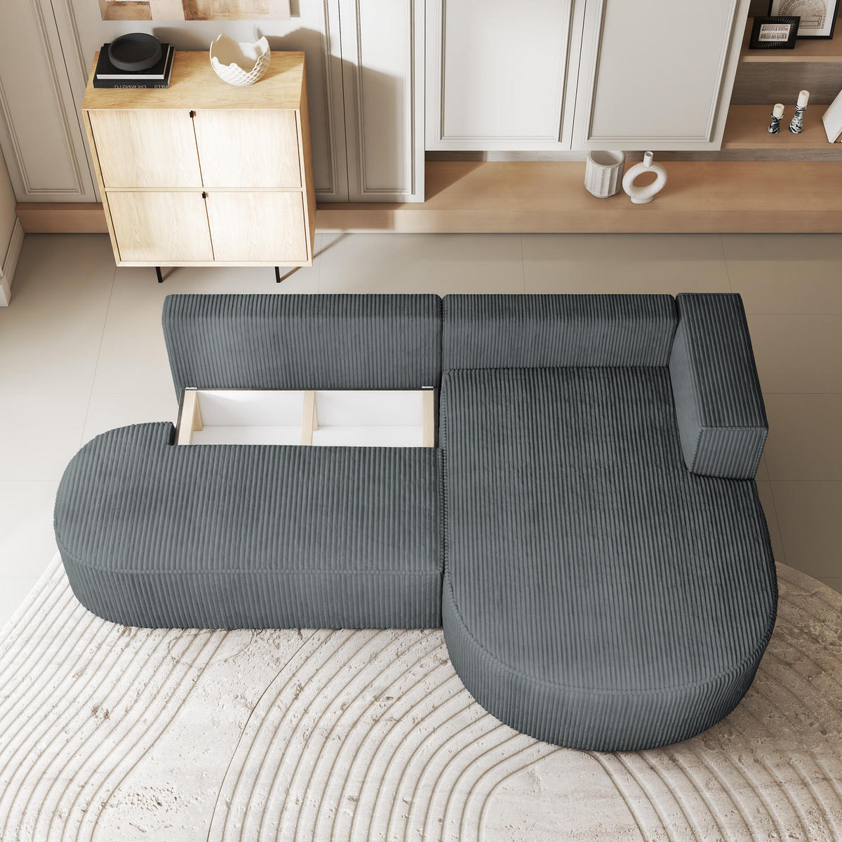 ECKSOFA CORTIO P R-S Grau Kordstoff mit Schlaffunktion - Grau, Holz (265/174cm) - MASSENO