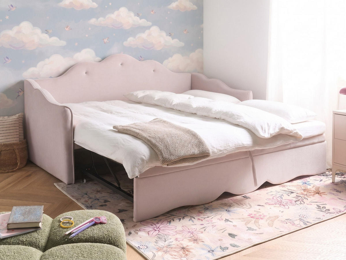 VYSOUVACÍ POSTEL Sametová látka 90/200 cm Pastelově růžová Lorette - růžová, textil (90/200cm) - Beliani