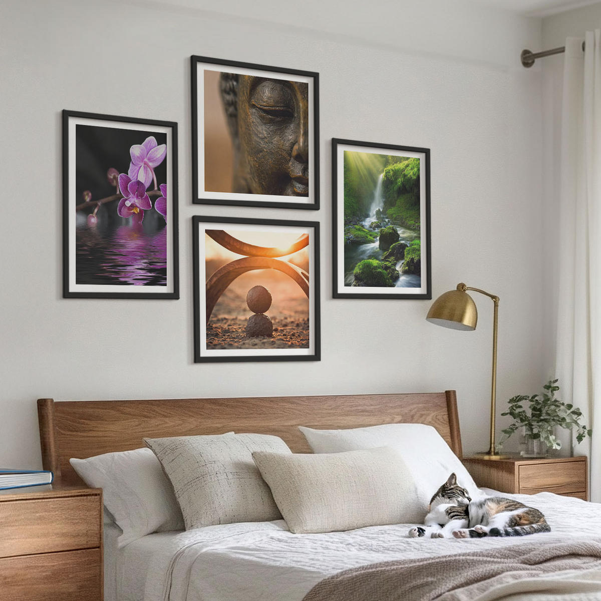 BILDER SET 4er Set - 50x50 cm & 40x60 cm Schwarzer Rahmen - Blumen im Wasser des Buddha-Wasserfalls - Schwarz, Kunststoff (50/50cm) - TULUP