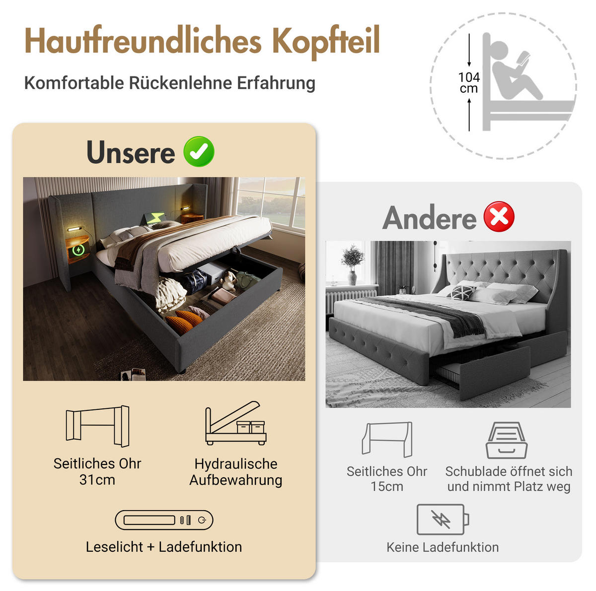 POLSTERBETT 180/200 cm Grau aus Leinen mit Stauraum - Grau, Textil (180/200cm) - OKMYHOME