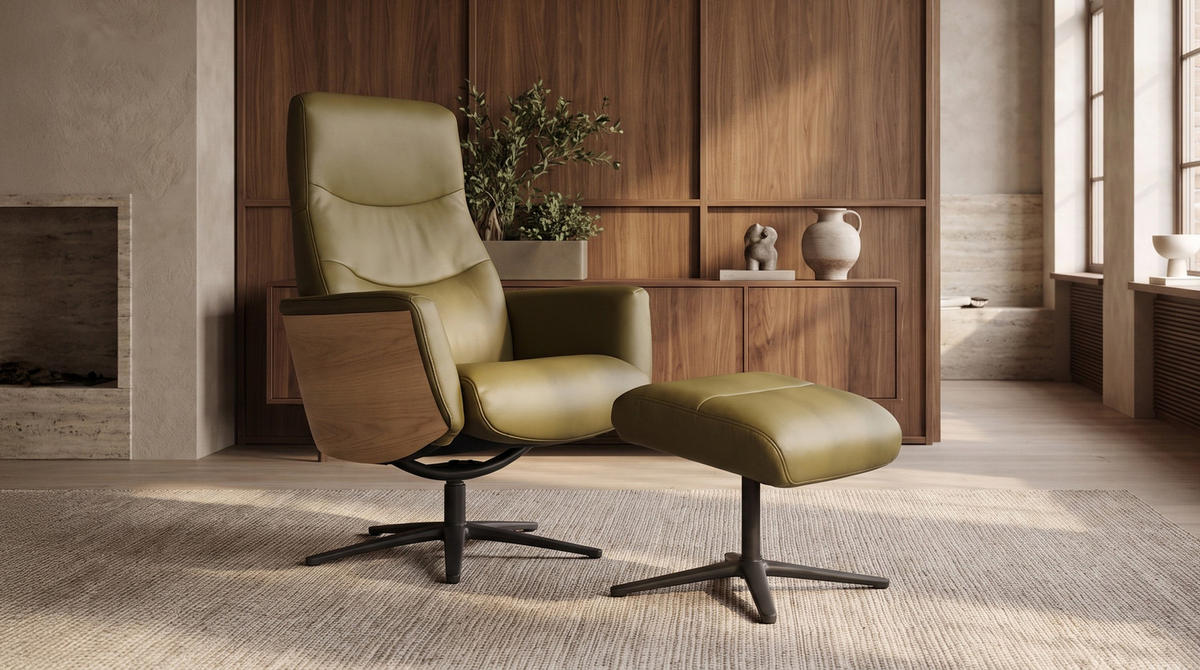 RELAXSESSEL VANITAS Grün Leder Relaxfunktion - Schwarz/Olivgrün, Leder/Metall (75/108/86cm) - KAWOLA