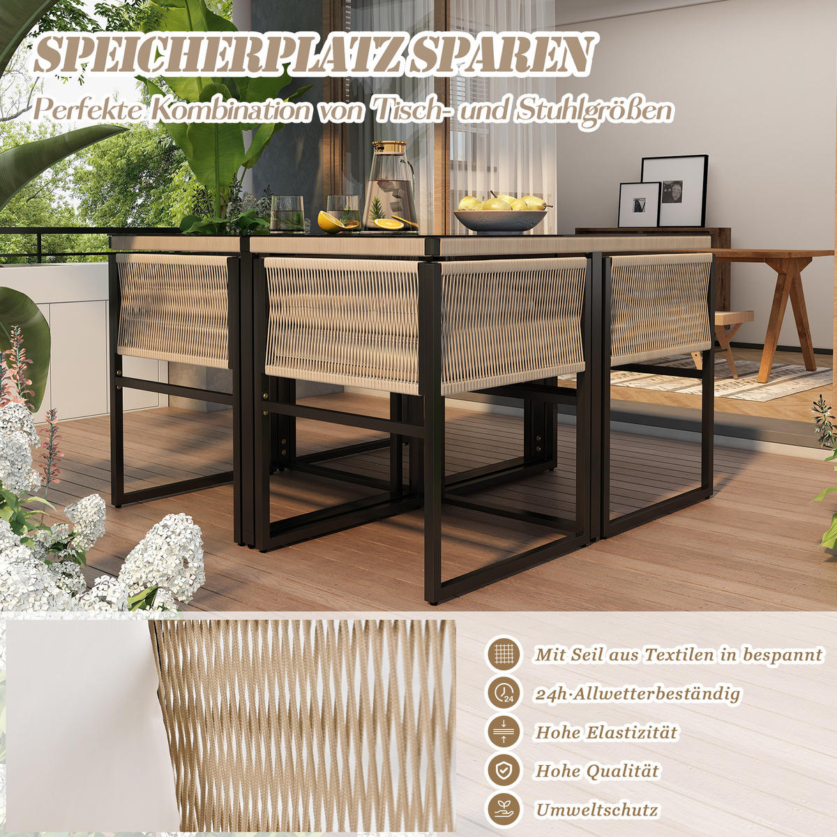 GARTENESSGRUPPE 5-tlg. Tisch 4 Stapelstühle Seil Eisen Glas - Beige, Metall - FLIEKS