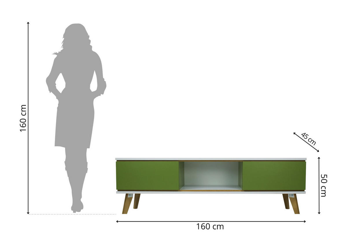 TV-SCHRANK Jorgen, Grün/Weiß/Eichefarben, 160 Cm - Eichefarben/Grün, Eichenholz/Holzwerkstoff (160/45/50cm) - Skandica