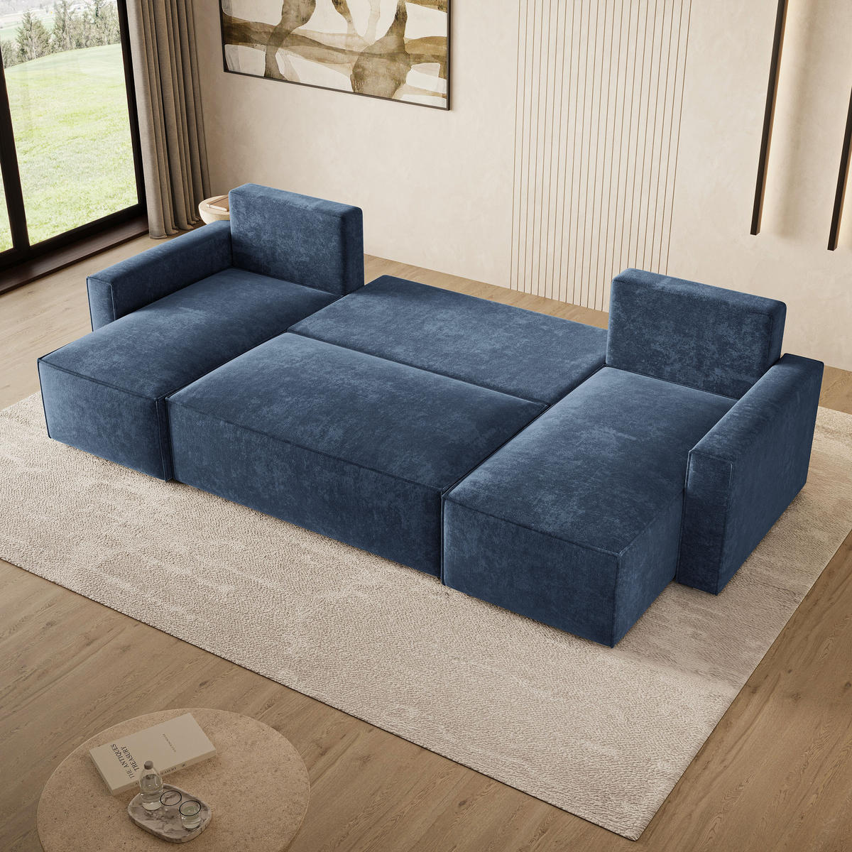 WOHNLANDSCHAFT ASPRA LM Blau Chenille mit Schlaffunktion - Blau, Holz (295/85/140cm) - MASSENO