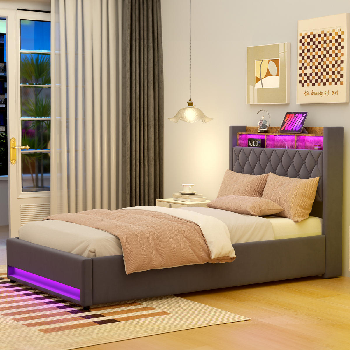 POLSTERBETT 140/200 cm Grau mit LED-Lichtleiste und USB-Anschlüssen - Grau, Holzwerkstoff (140/200cm) - OKWISH