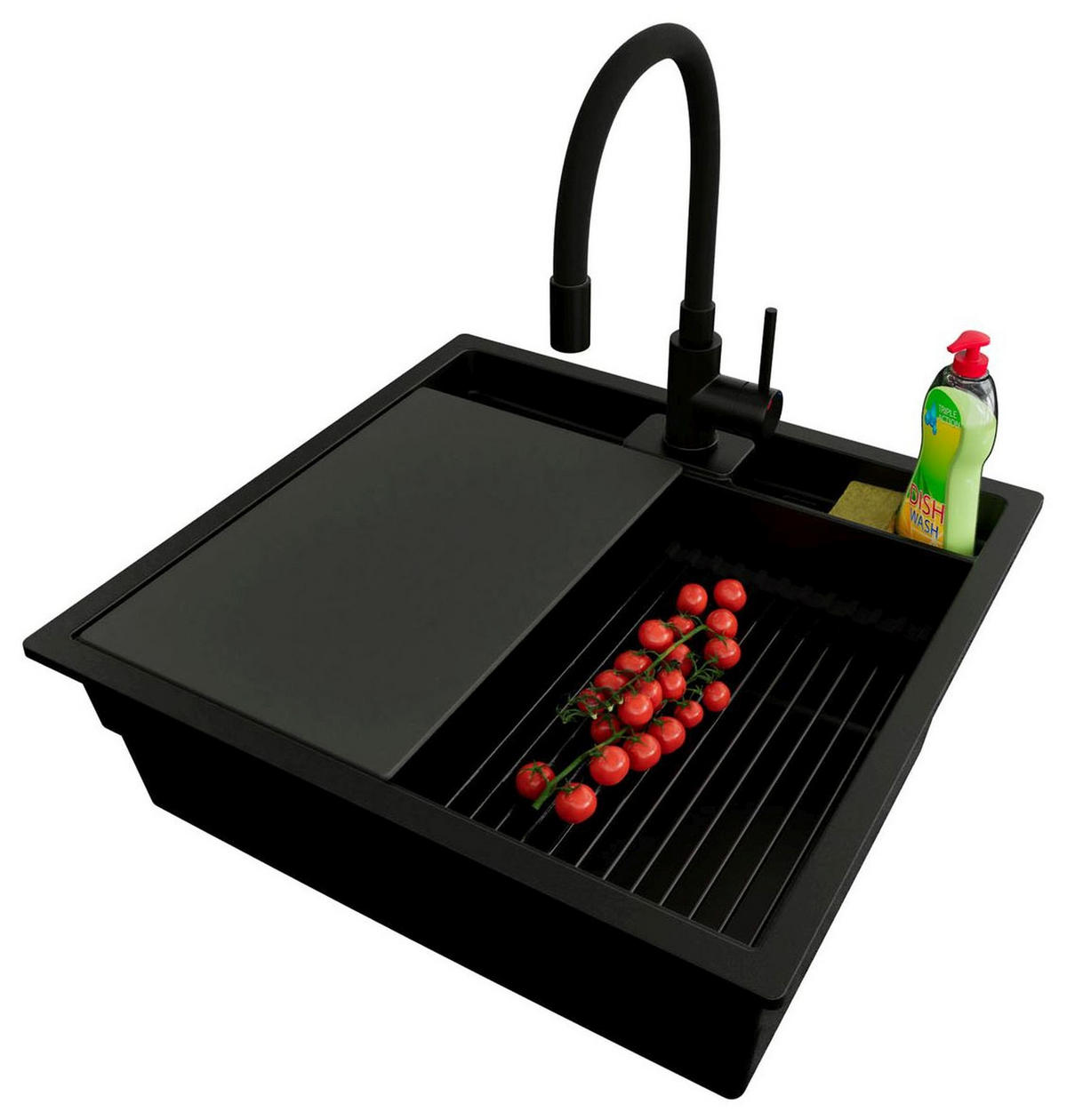 UNTERBAUSPÜLE GRANIT Bergen Pocket, 2-er set Schwarz 56/54 cm 1 Becken + Küchenarmatur 40/38 cm + Ablauf-Set + Küchenzubehörset ab 60er Unterschrank - Schwarz, Kunststoff (56/20/54cm) - Primagran