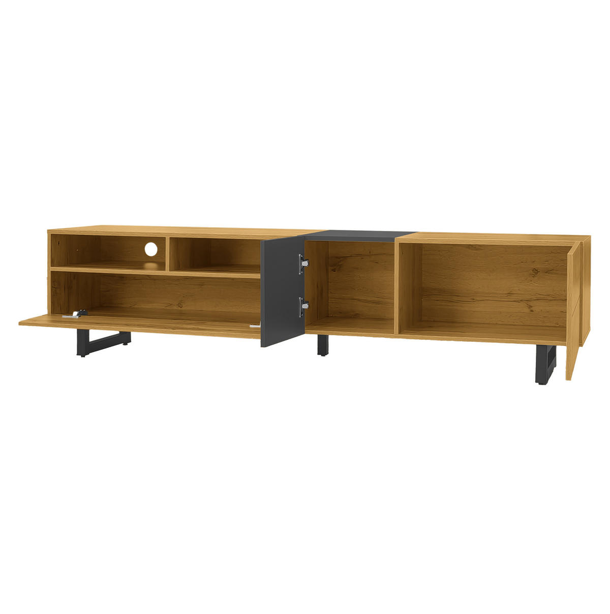 TV ormarić 170/42/36,5 cm tamnosivi i prirodni od iverice s 3 vrata i 2 otvorena pretinca - prirodne boje, drvni materijal (170/42/36.5cm) - OKWISH