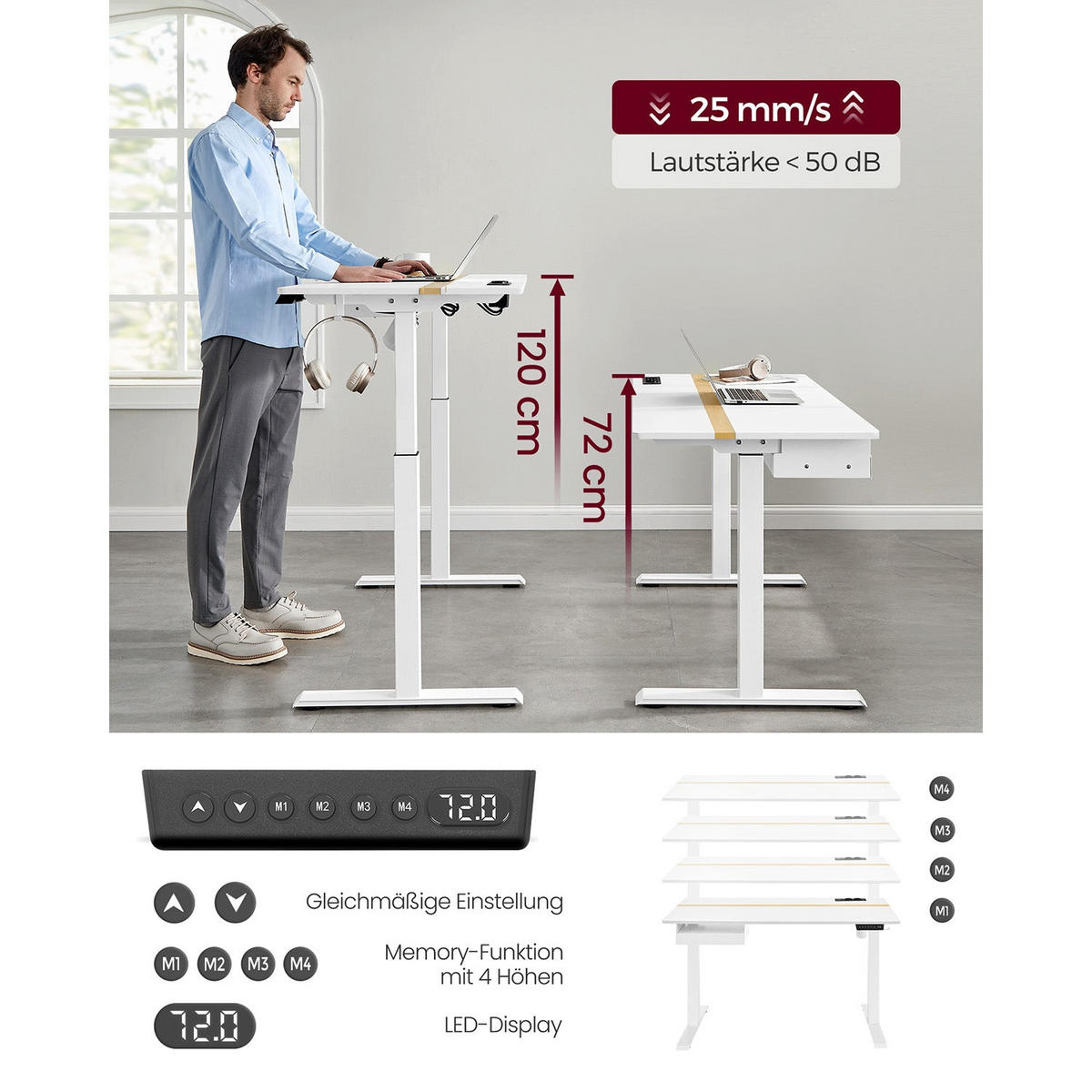 HÖHENVERSTELLBARER SCHREIBTISCH RIGA - Weiß, Holzwerkstoff (60/140/120cm) - Hansiro