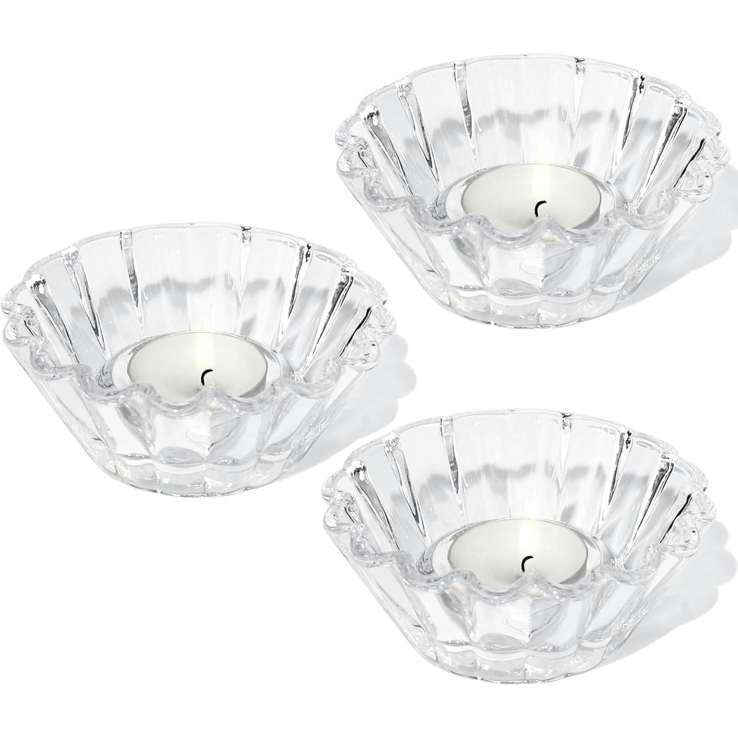 TEELICHTHALTER Glas 3er Set Wellenmuster - Transparent, Glas (4.5cm)