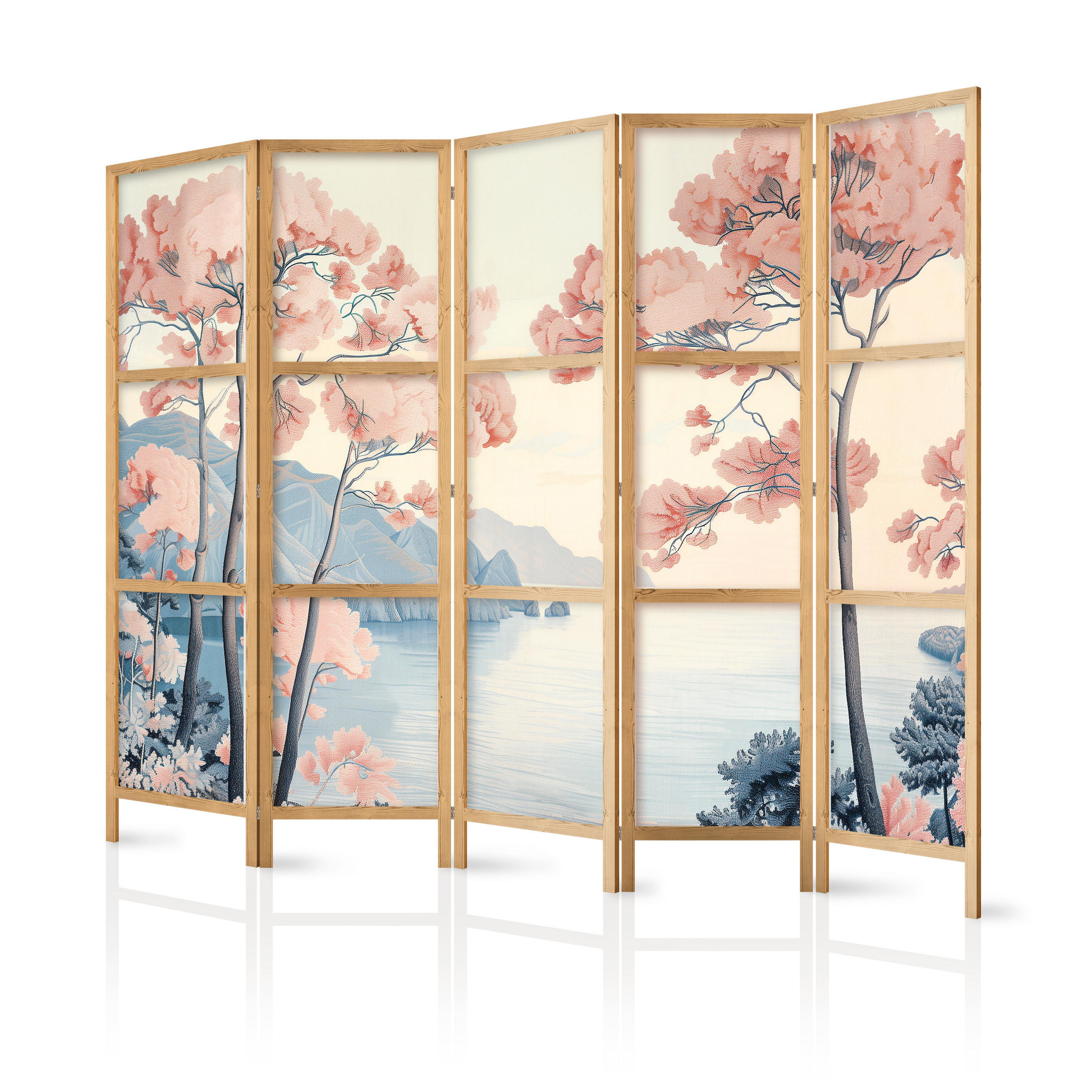 PARAVENT Japanischer 5-tlg 225x172 cm Landschaft - Multicolor, Holz/Textil (225/172/3cm) - Muralo