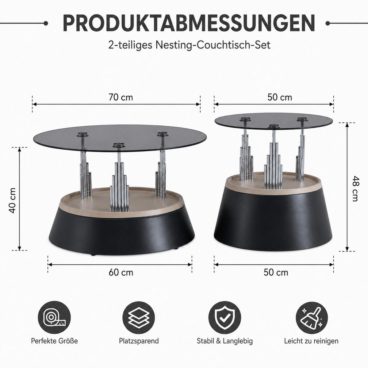 COUCHTISCH-SET DE-37352 2er-Set mit Glasplatte und Nesting-Design Schwarz - Schwarz, Metall (70/48/60cm) - ComfortXL