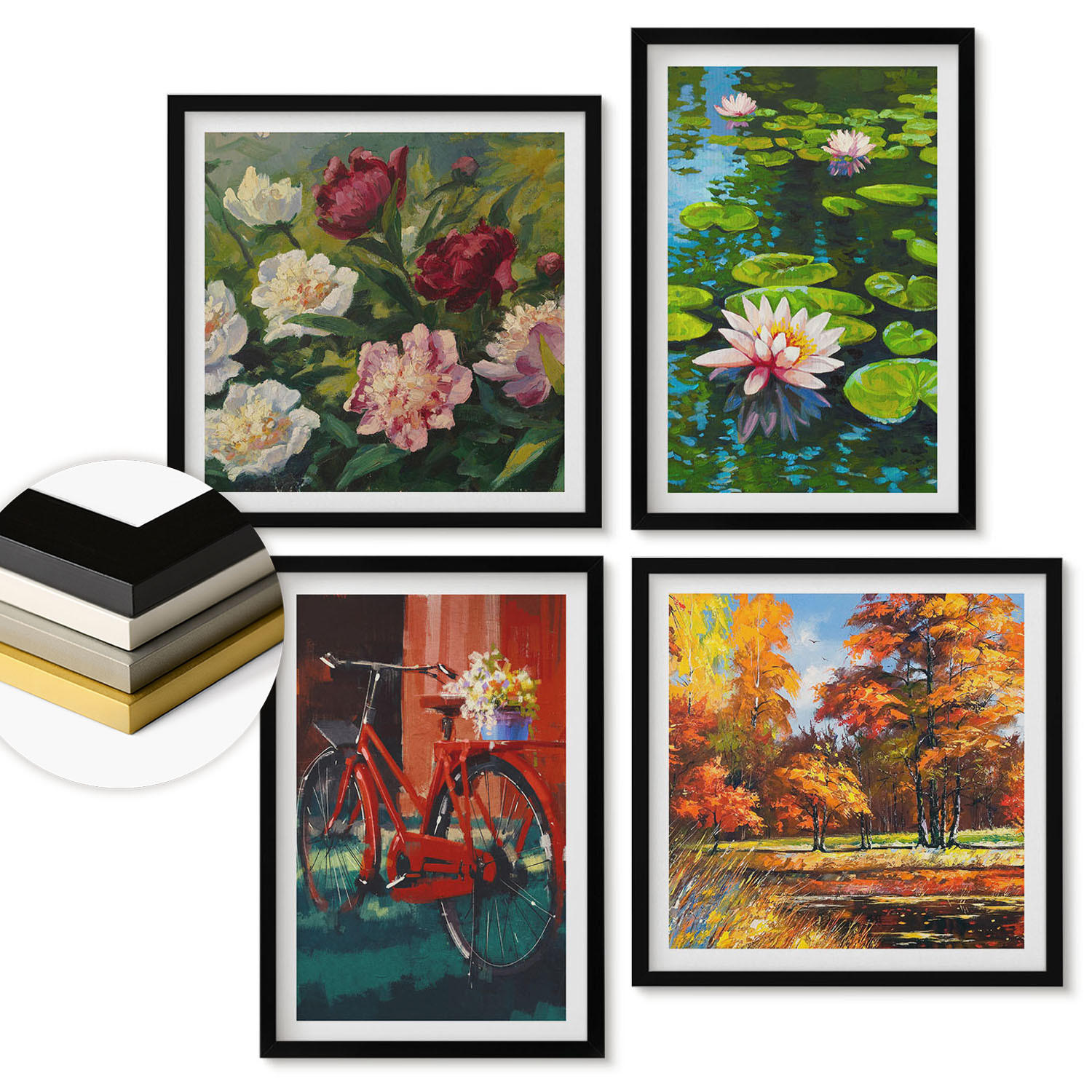 WANDBILDER 4er-Set - 50x50 cm & 40x60 cm Schwarzer Rahmen - Seerosen, Fahrradblumen - Schwarz, Kunststoff (50/50cm) - ArtPrintCave