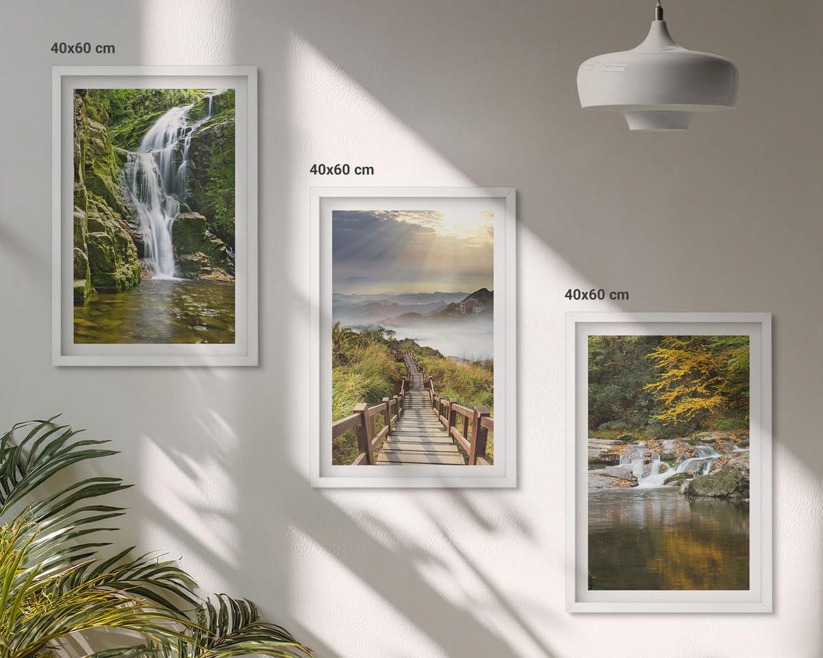 BILDER SET 3er Set - 40x60 cm Weißer Rahmen - Wasserfälle, Berge, Wolken, Herbst - Weiß, Kunststoff (40/60cm) - TULUP