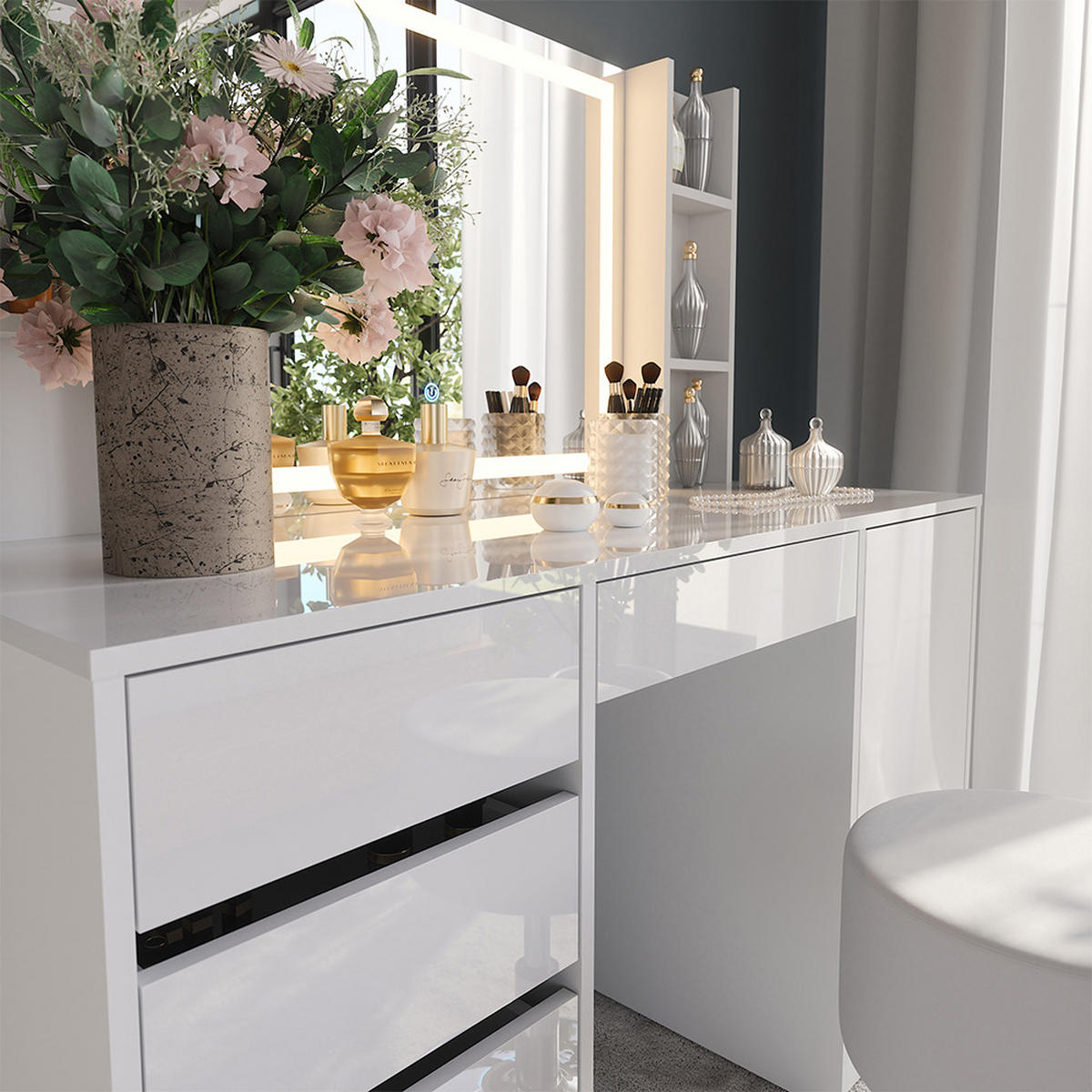 SCHMINKTISCH Sherry Weiß/Weiß Hochglanz 128.2 cm 5 Teile - Weiß Hochglanz, Holzwerkstoff (128.2/76/50.1cm) - Vicco