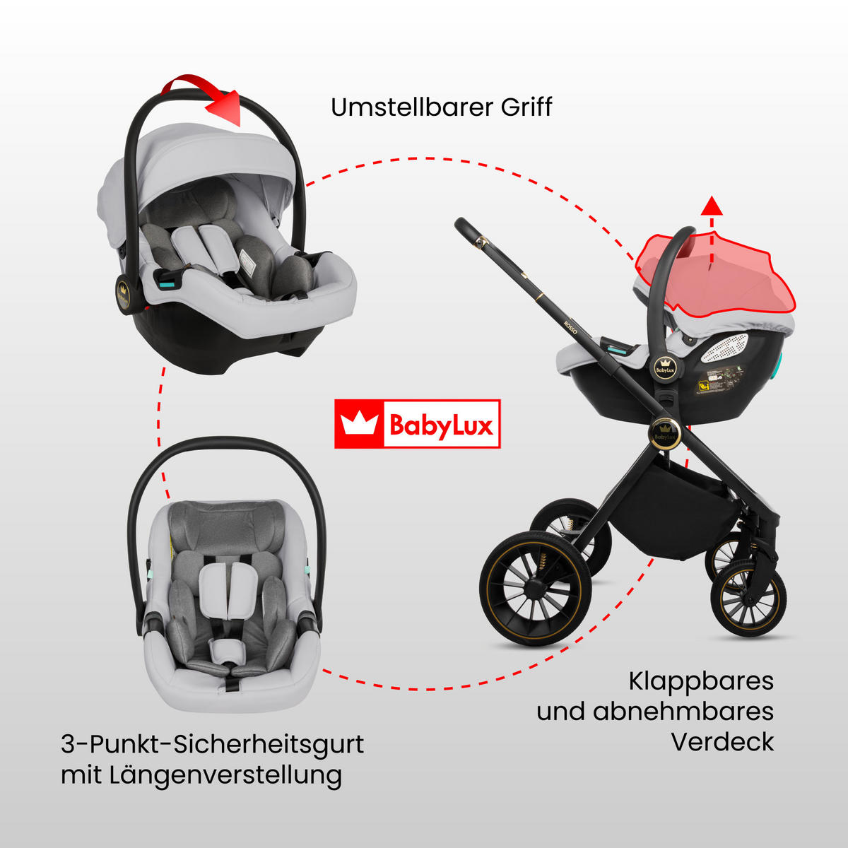 KINDERWAGEN Rosso 4in1 Silber Babywanne, Reisebuggy, Autositz, Isofix Basis - Silberfarben/Schwarz, Textil/Metall (58/98cm) - BabyLux