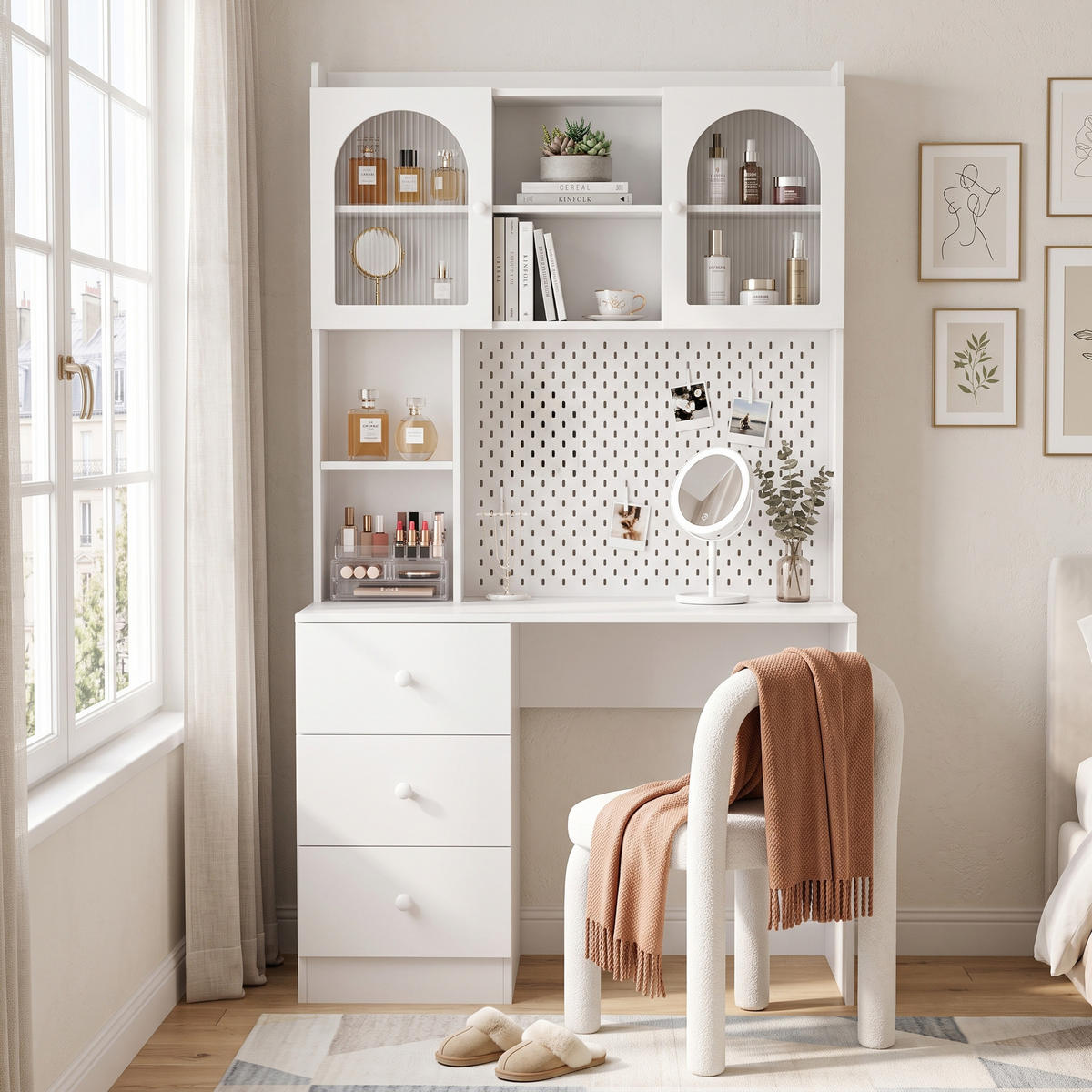 SCHREIBTISCH Weiß Multifunktional mit Schrank Pinnwand Vitrine & 3 Schubladen - Weiß, Holzwerkstoff (100/180/55cm) - Urban Meuble