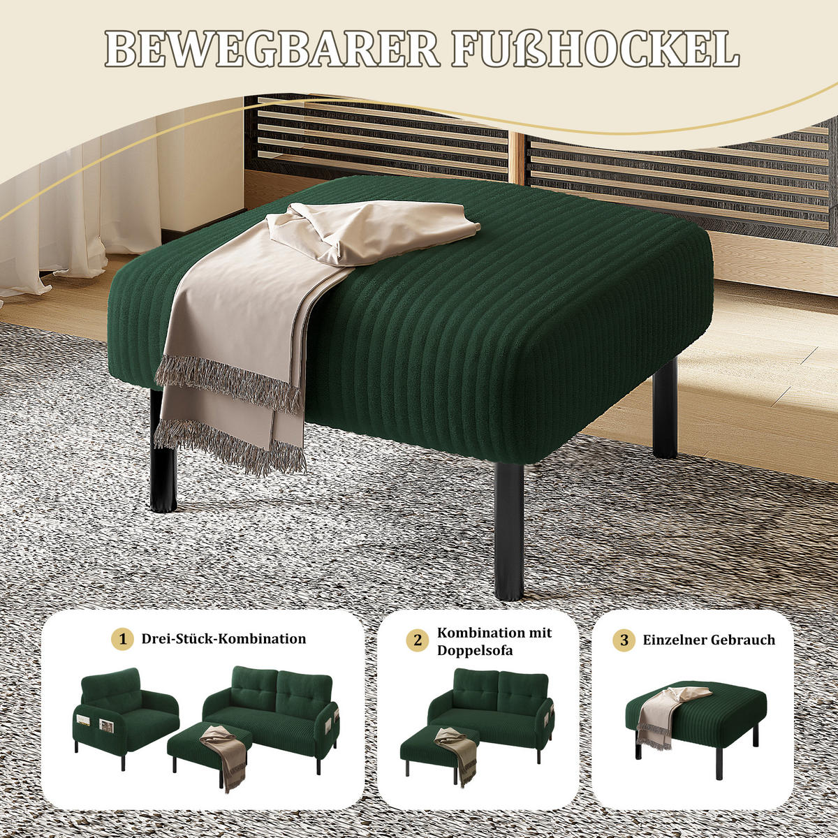 HOCKER Fußhocker Cord,Grün - Grün, Textil (56/39/51cm) - LVHOM
