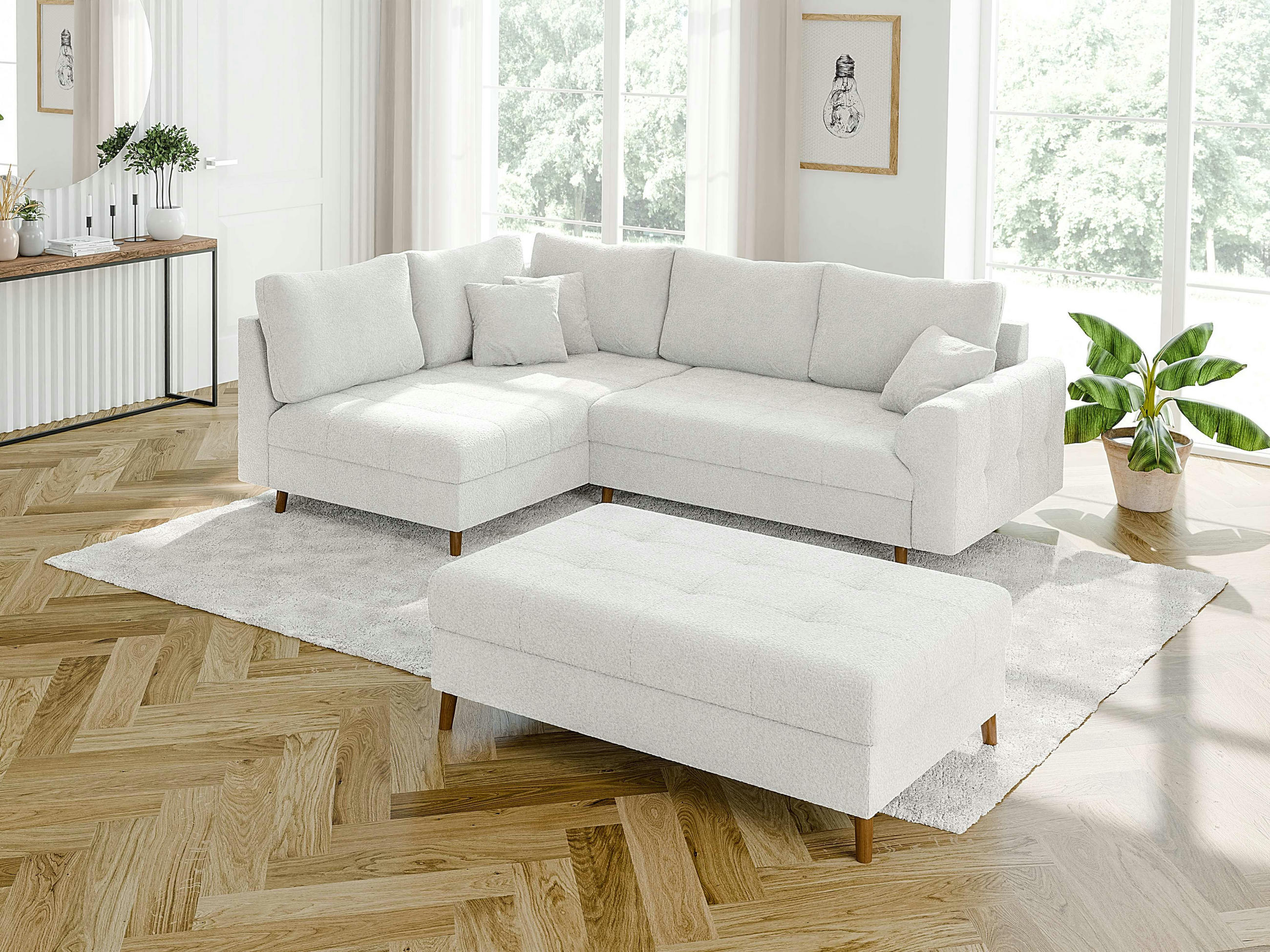 ECKSOFA inkl. Hocker Henrik Weiß Boucle - Ottomane links - Weiß/Braun, Holz/Textil (231/161cm) - S-Style Möbel