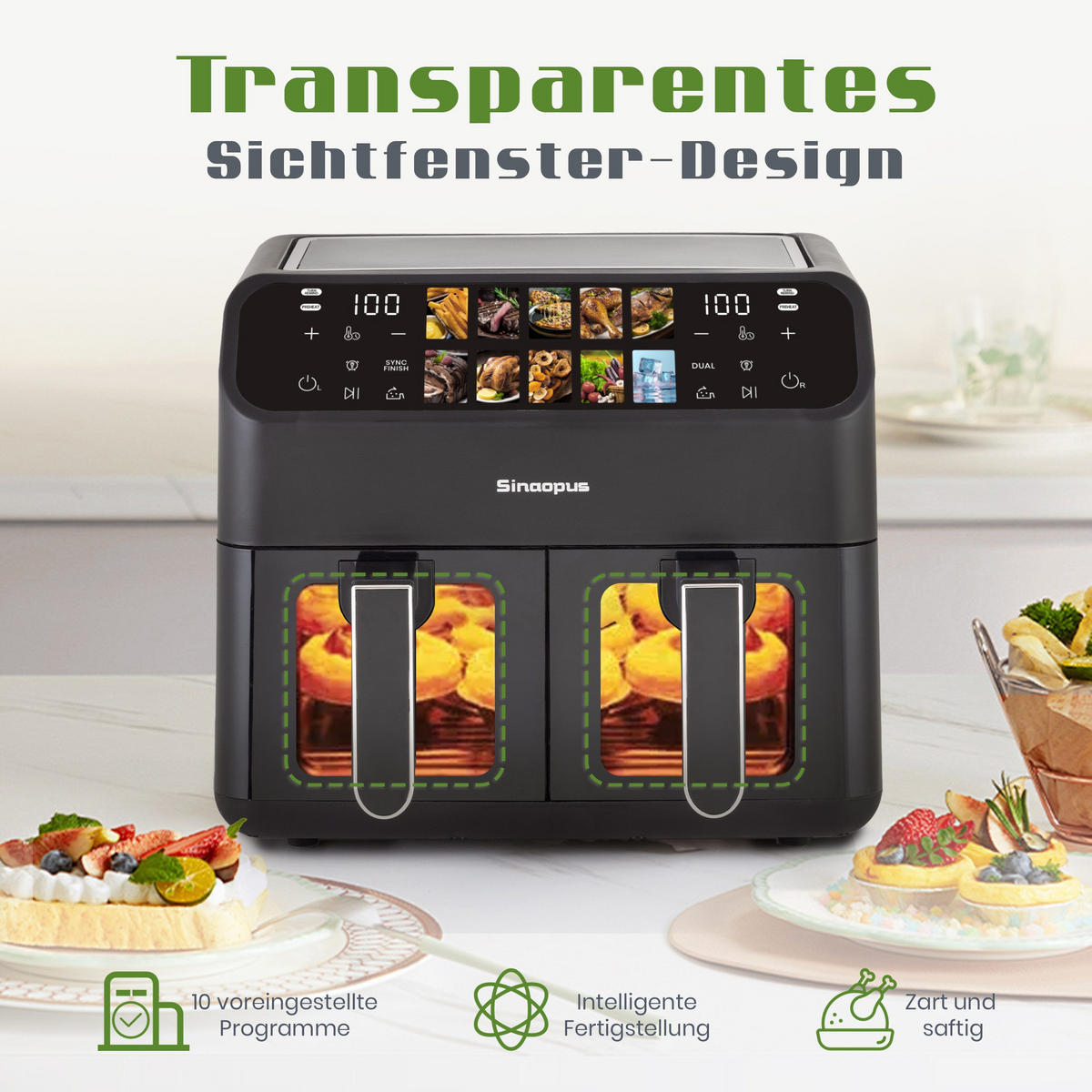 HEISSLUFTFRITTEUSE 9L 10-in-1 & Dual-Kammer, LED-Display - Schwarz, Metall (36/31/32cm)